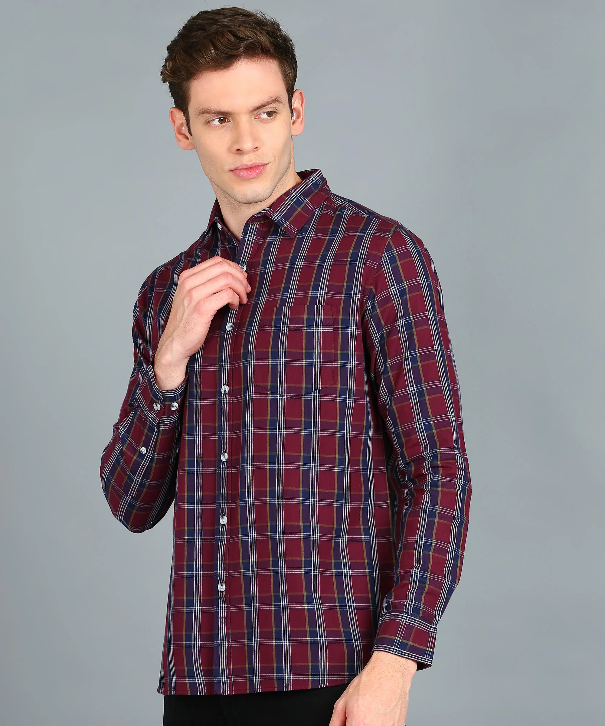 Men's Maroon, Blue Cotton Full Sleeve Slim Fit Casual Checkered Shirt - Image 2