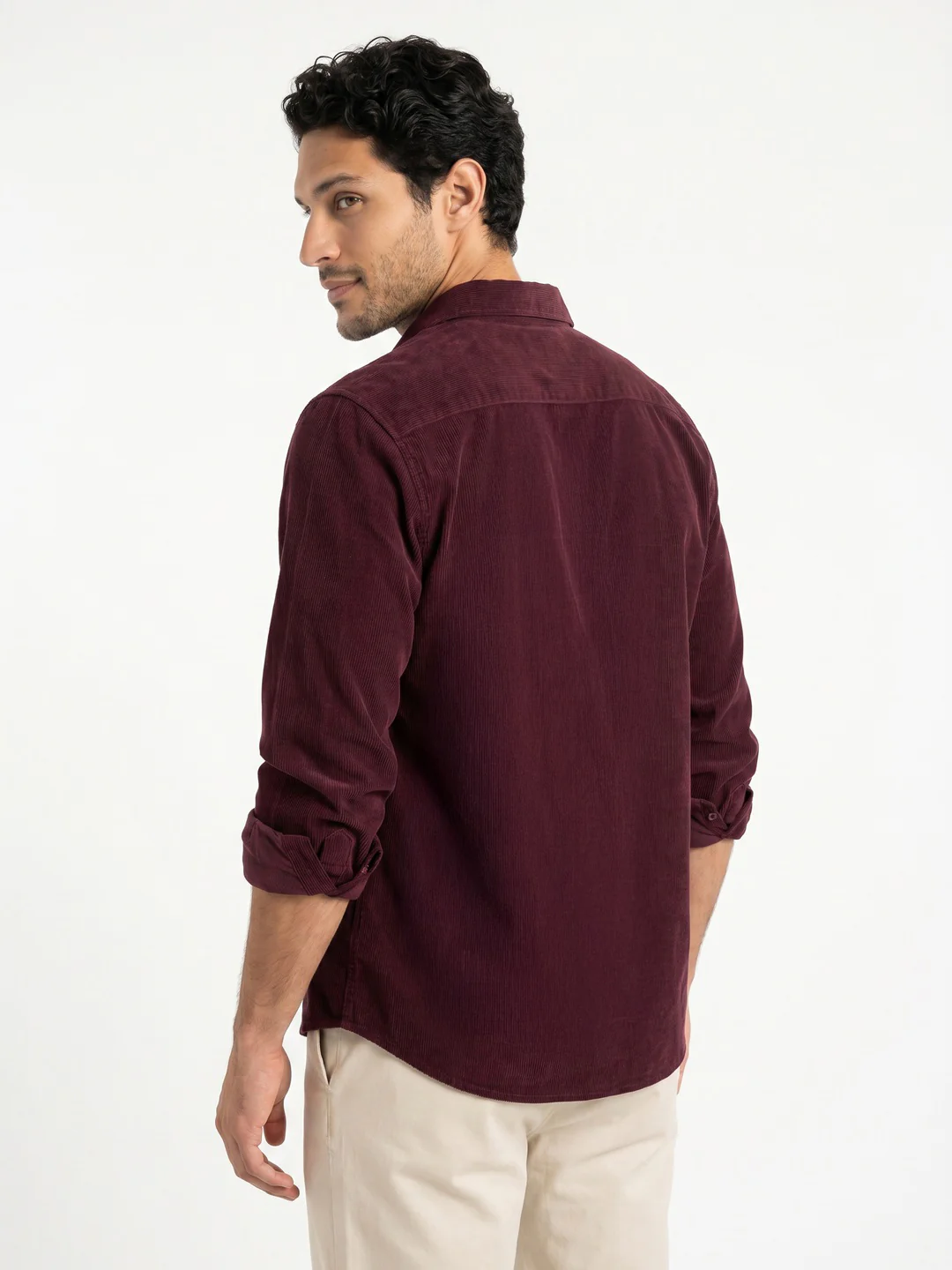 Men's Maroon Corduroy Full Sleeve Regular Fit Solid Overshirt with Utility Pockets - Image 3