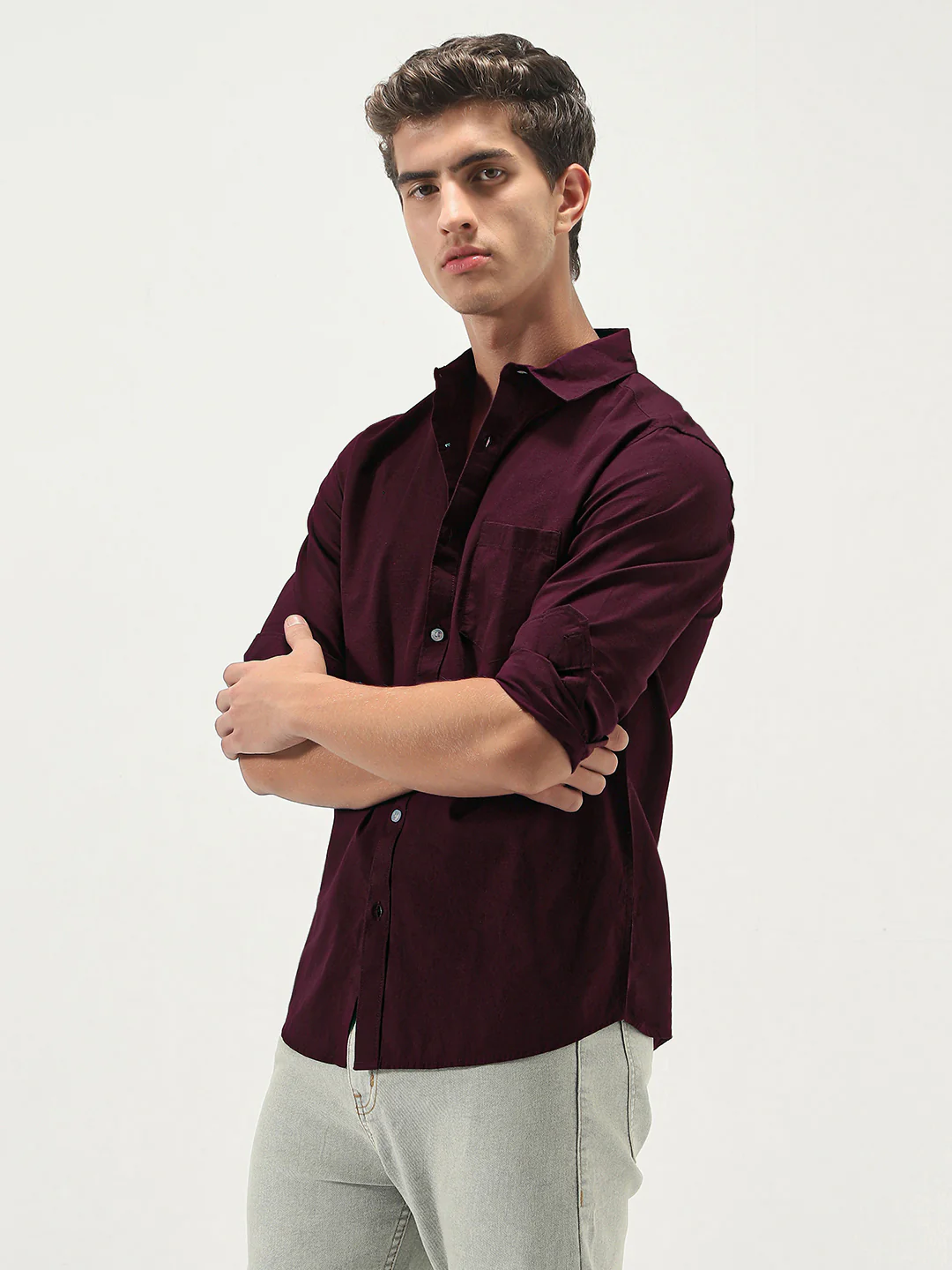 Men's Maroon Cotton Full Sleeve Regular Fit Casual Solid Slub Shirt with Spread Collar - Image 2