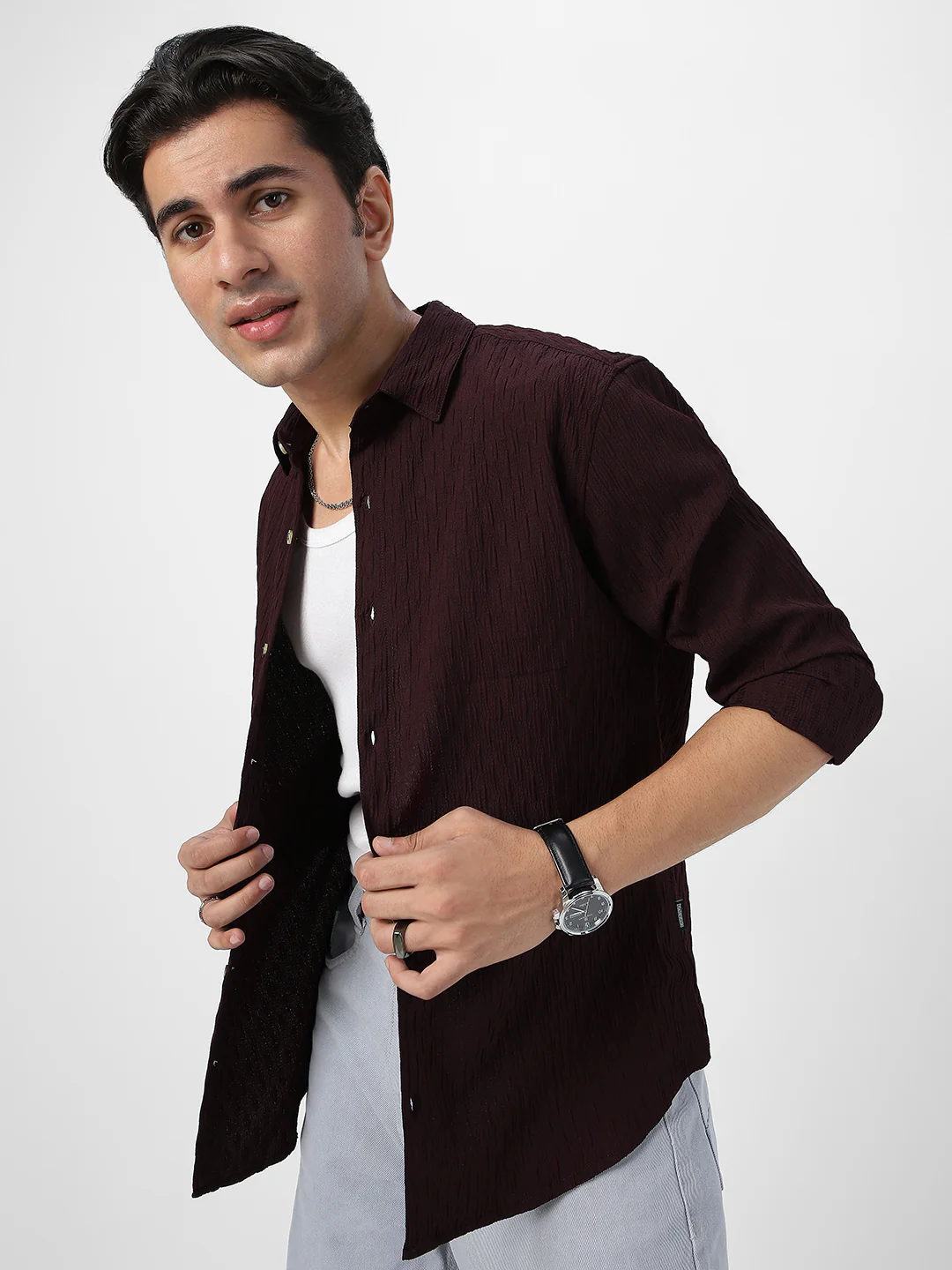 Men's Maroon Cotton Full Sleeve Regular Fit Textured Shirt with Spread Collar - Image 2