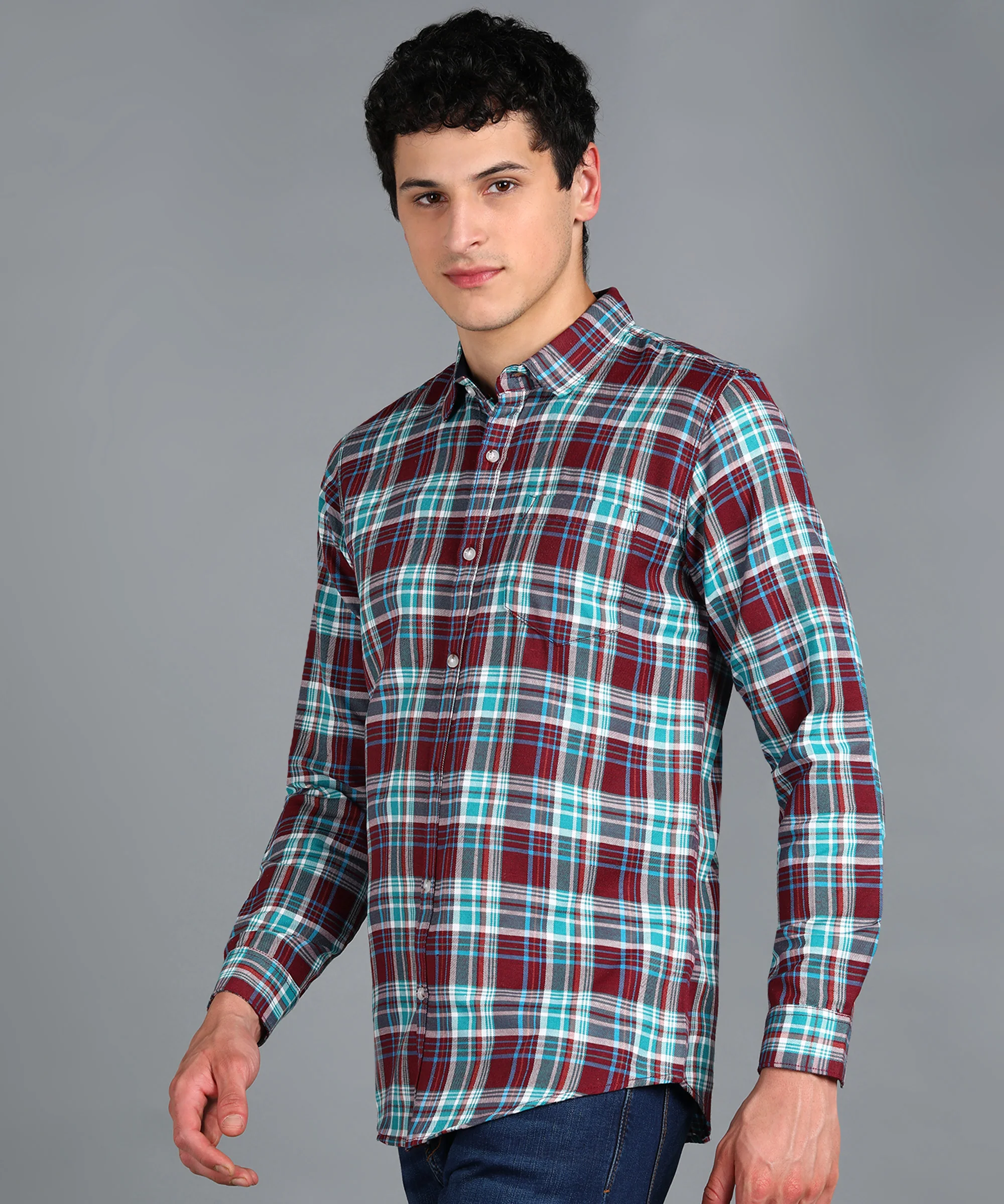 Men's Maroon Cotton Full Sleeve Slim Fit Casual Checkered Shirt - Image 2