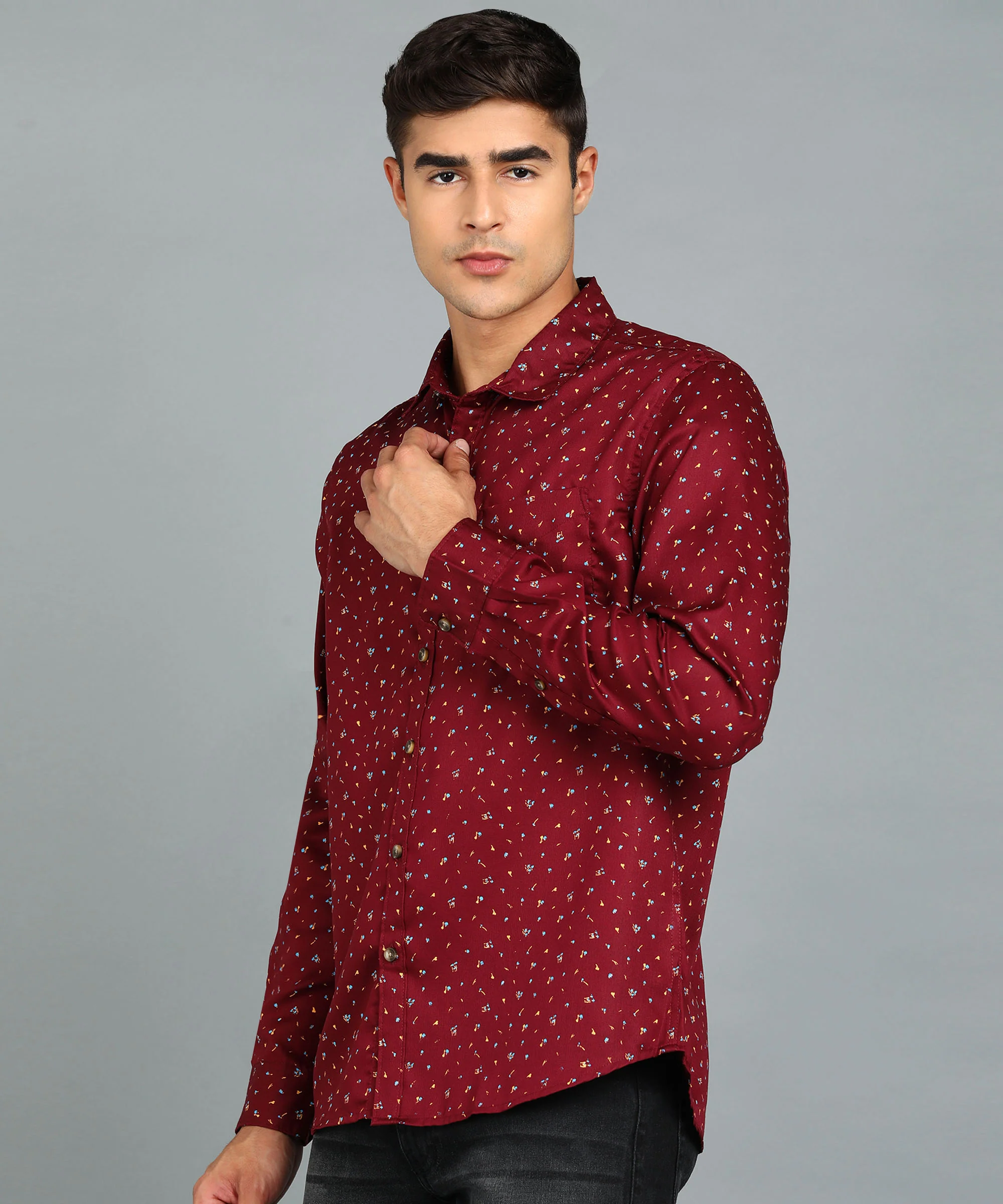 Men's Maroon Cotton Full Sleeve Slim Fit Casual Printed Shirt - Image 2