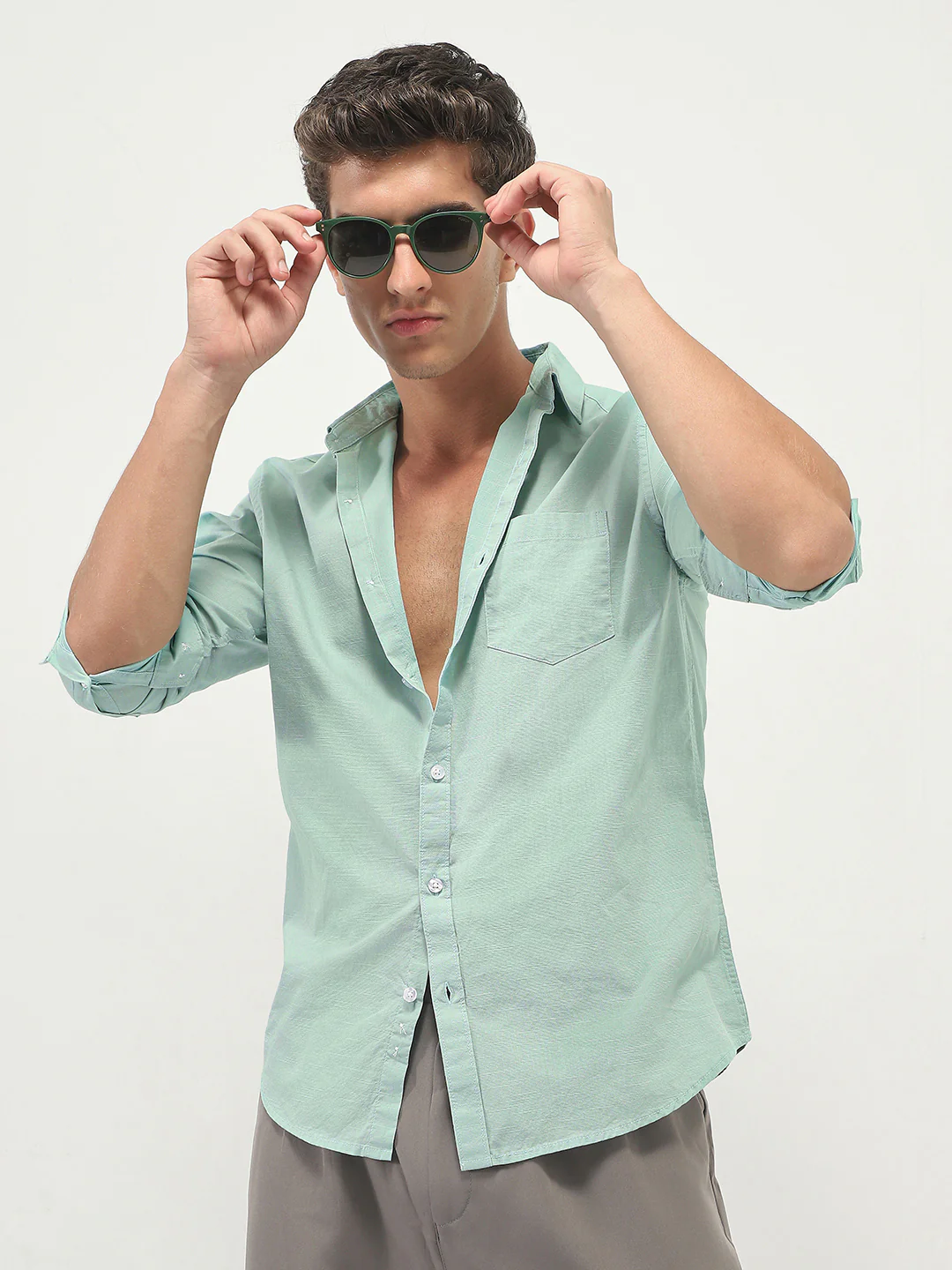 Men's Mint Cotton Full Sleeve Regular Fit Casual Solid Slub Shirt with Spread Collar