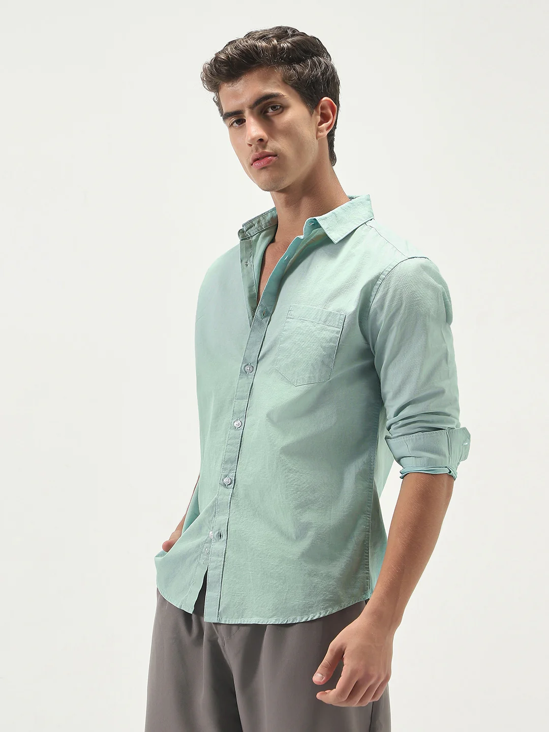 Men's Mint Cotton Full Sleeve Regular Fit Casual Solid Slub Shirt with Spread Collar - Image 2