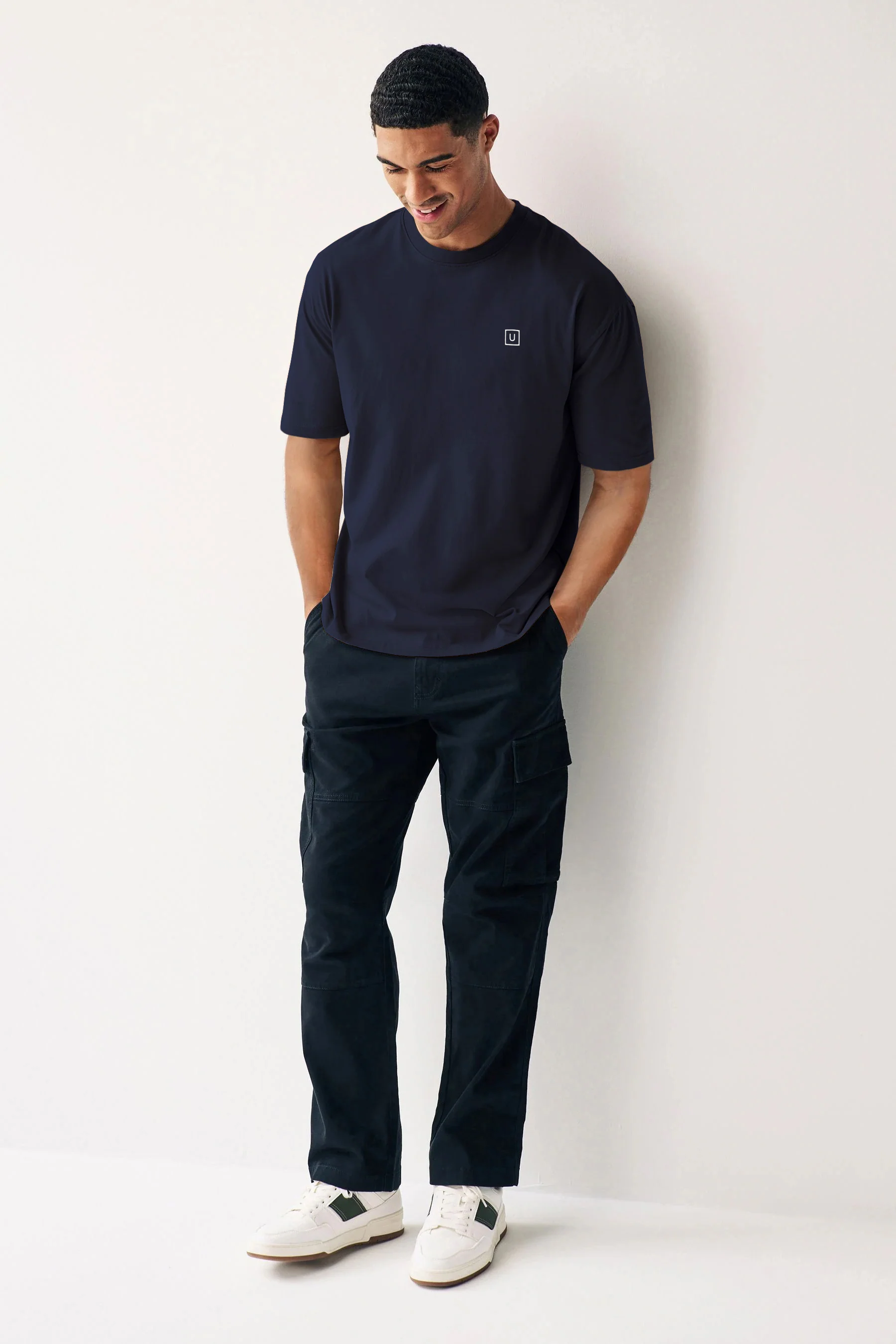 Men's Navy Blazer Solid Round Neck Oversized Half Sleeve Cotton T-Shirt - Image 3