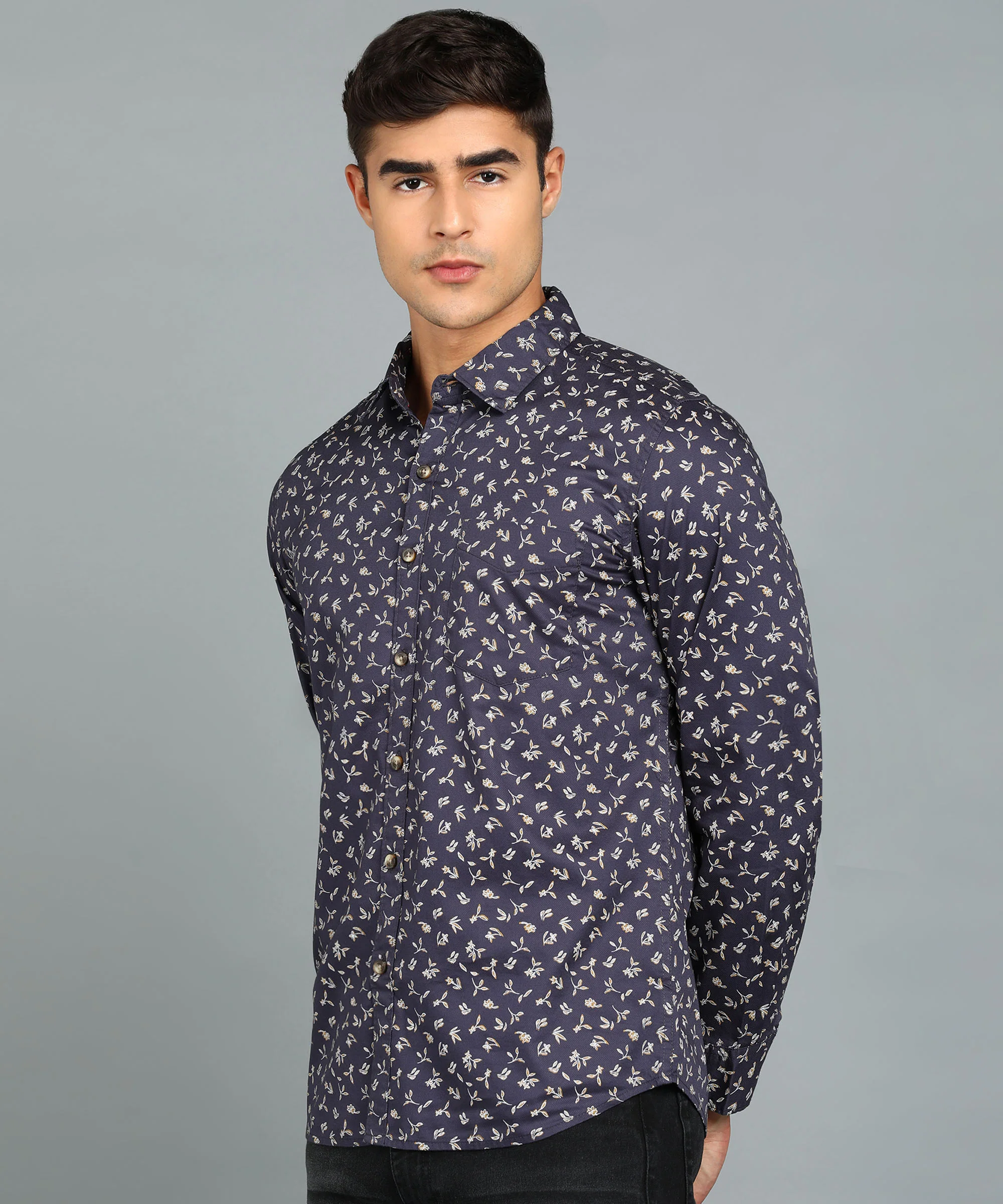 Men's Navy Blue Cotton Full Sleeve Slim Fit Casual Printed Shirt - Image 2