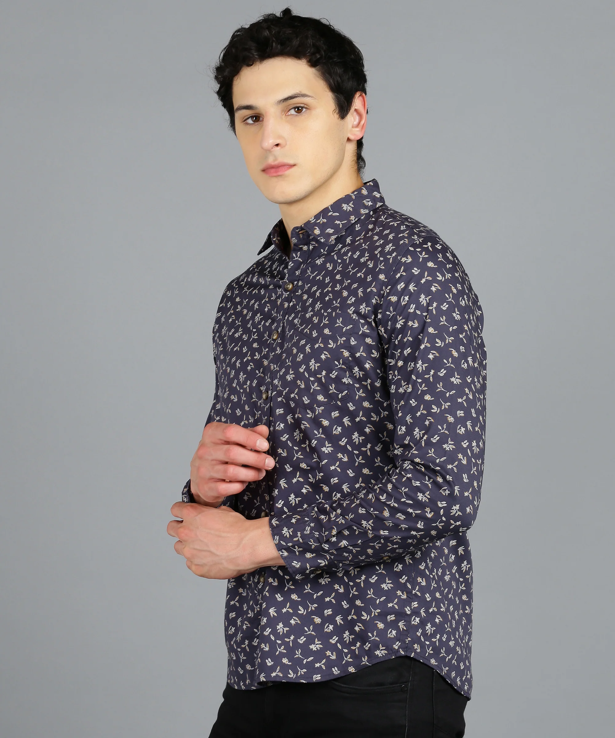 Men's Navy Blue Cotton Full Sleeve Slim Fit Casual Printed Shirt - Image 2