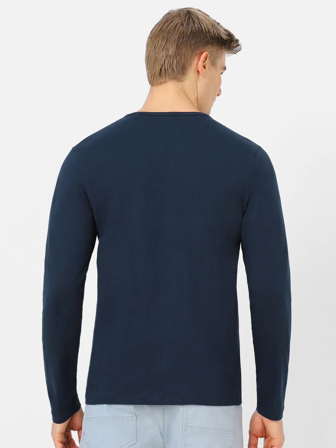 Men's Navy Blue Solid Henley Neck Slim Fit Cotton T-Shirt - Image 3
