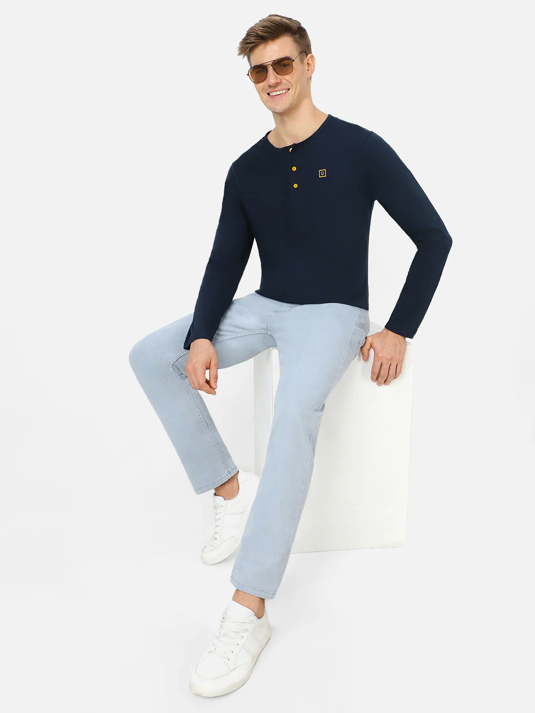 Men's Navy Blue Solid Henley Neck Slim Fit Cotton T-Shirt - Image 4