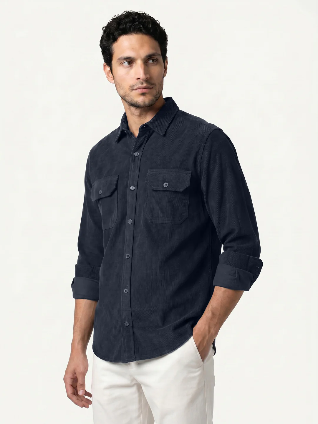 Men's Navy Corduroy Full Sleeve Regular Fit Solid Overshirt with Utility Pockets - Image 2