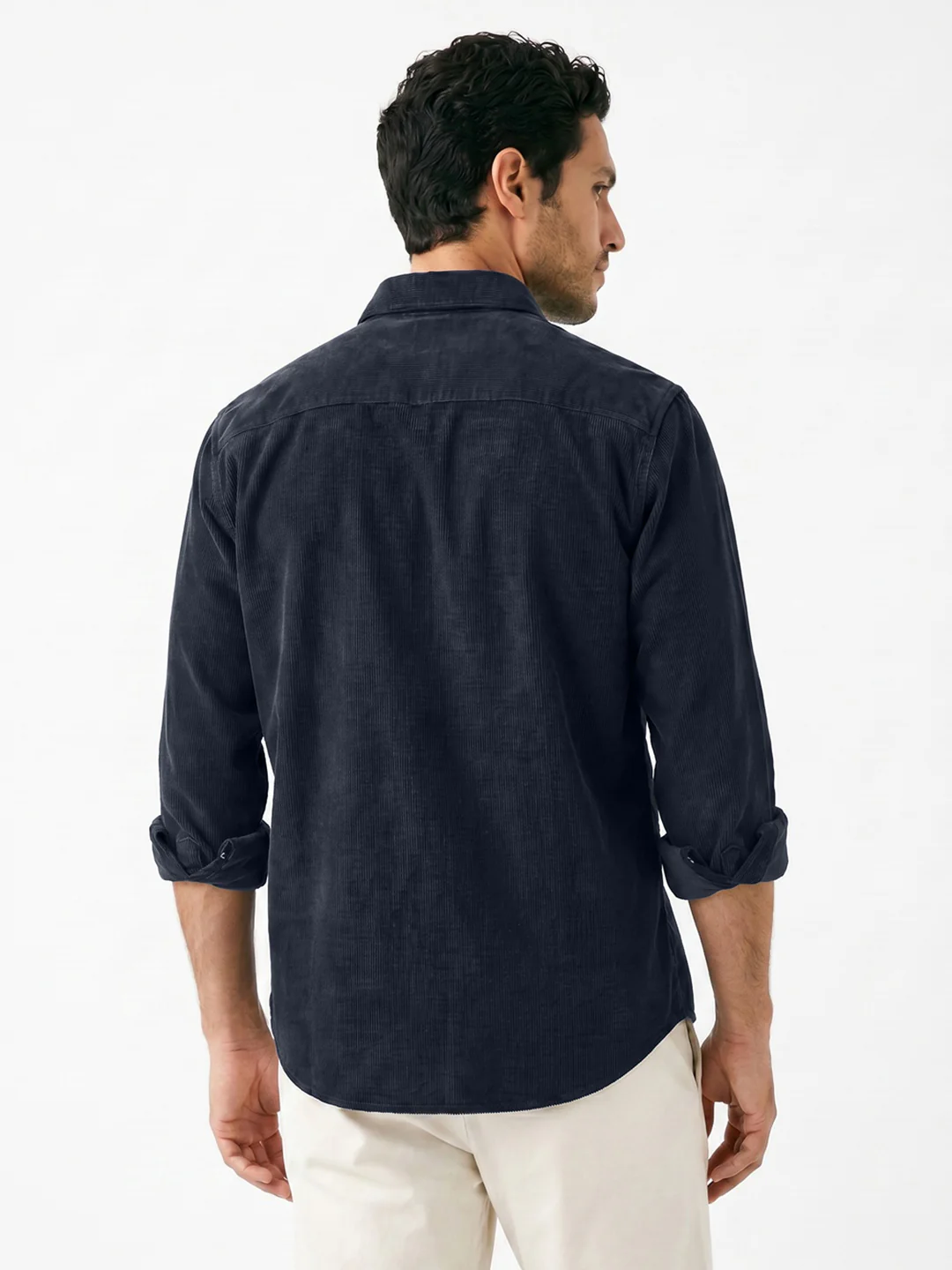 Men's Navy Corduroy Full Sleeve Regular Fit Solid Overshirt with Utility Pockets - Image 3