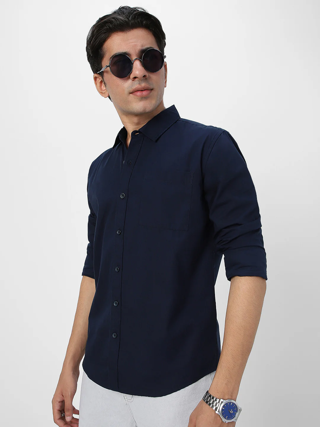 Men's Navy Cotton Full Sleeve Regular Fit Casual Solid Shirt - Image 2