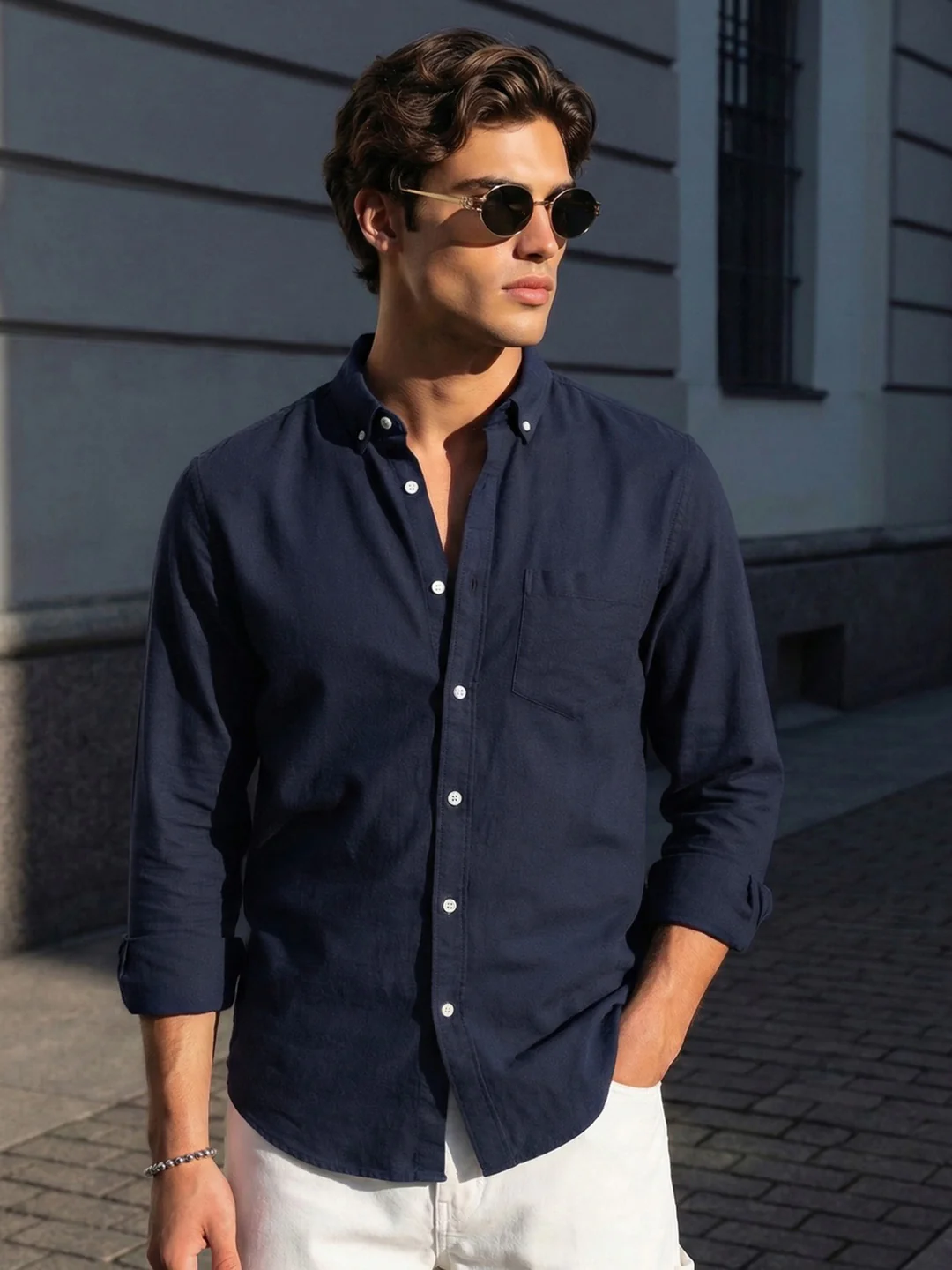 Men's Navy Cotton Full Sleeve Regular Fit Solid Oxford Shirt With Button-Down Collar