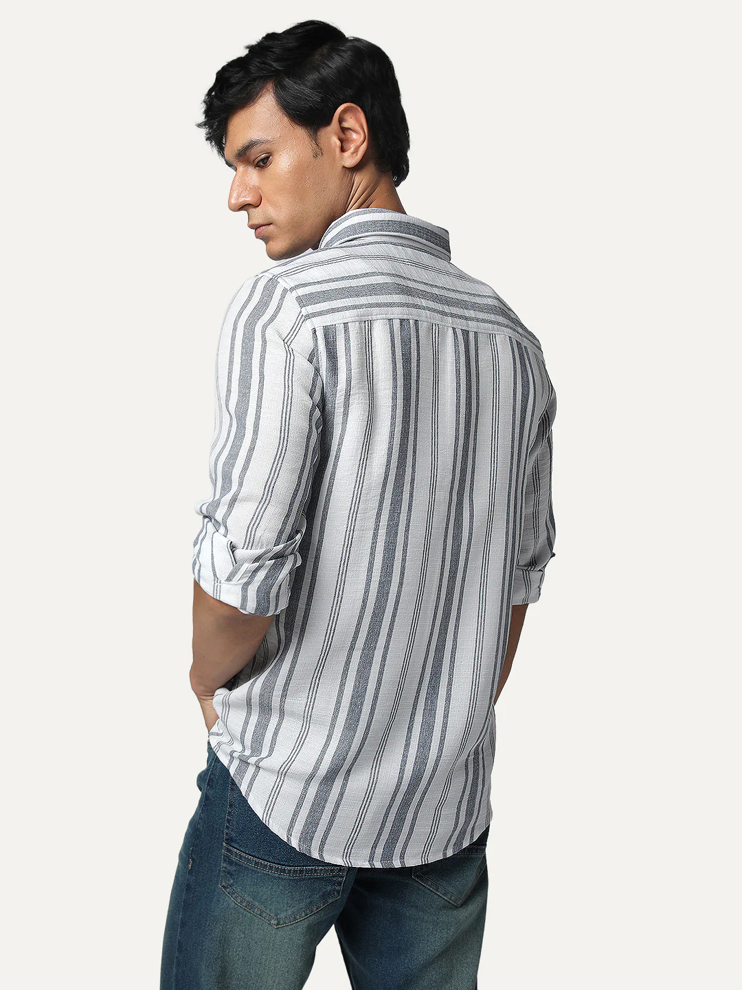 Men's Navy Cotton Full Sleeve Relaxed Fit Linen Striped Shirt with Spread Collar - Image 4
