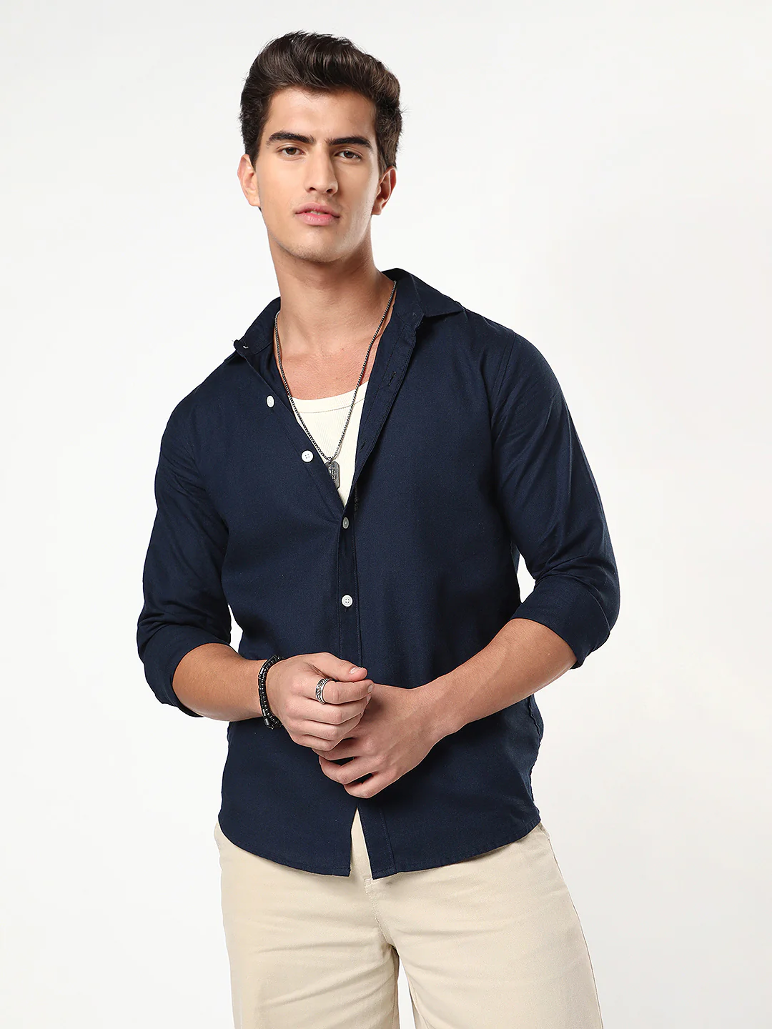 Men's Navy Linen Blend Full Sleeve Relaxed Fit Casual Solid Shirt