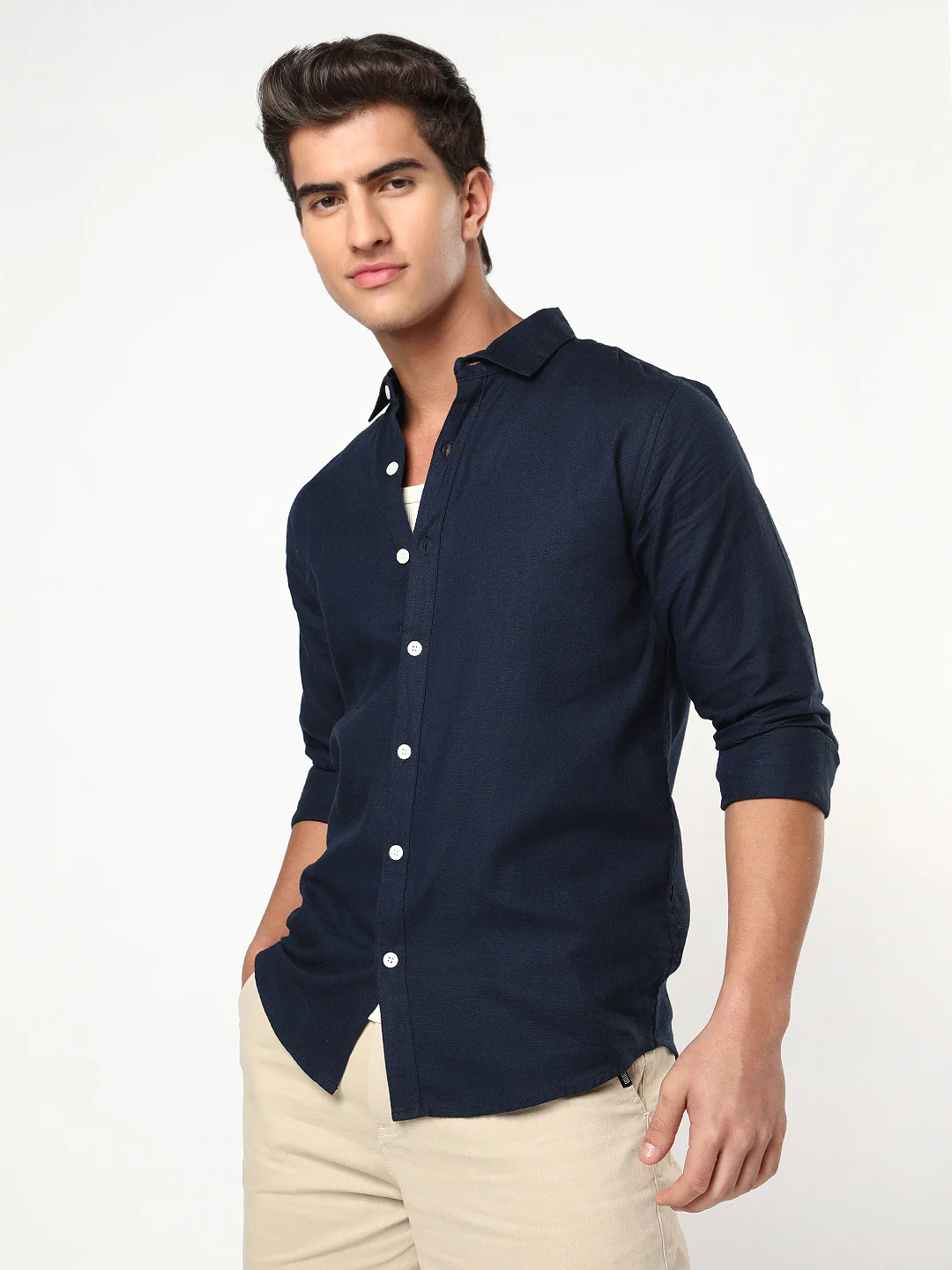 Men's Navy Linen Blend Full Sleeve Relaxed Fit Casual Solid Shirt - Image 2