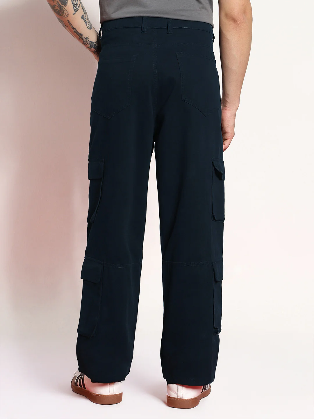 Men's Navy Loose Baggy Fit Cargo Chino Pant with 8 Pockets Stretchable - Image 3