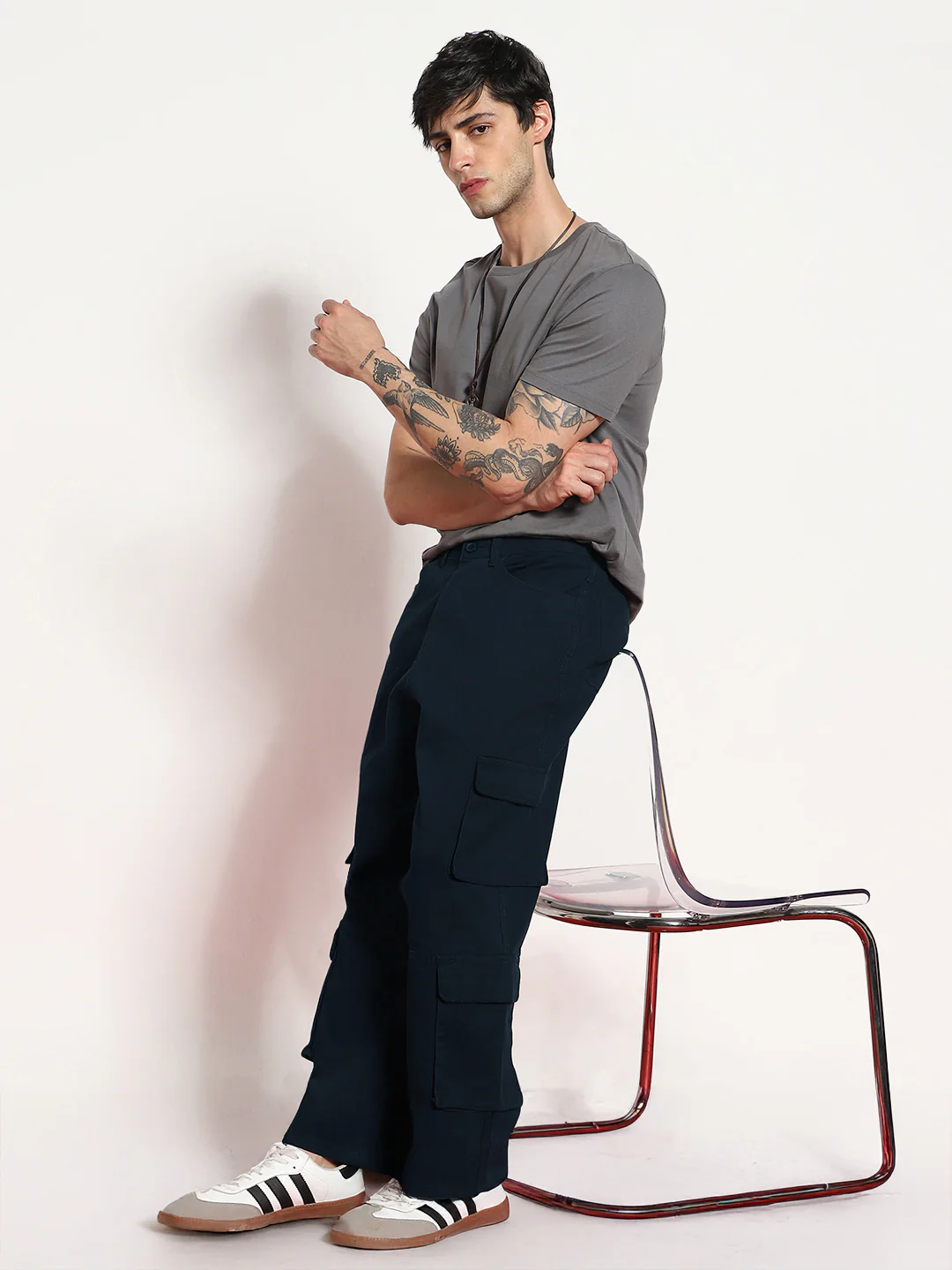 Men's Navy Loose Baggy Fit Cargo Chino Pant with 8 Pockets Stretchable - Image 4