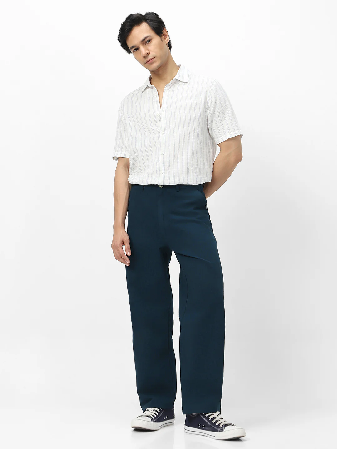 Men's Navy Loose Baggy Fit Solid Chino Trousers Non-Stretchable - Image 4