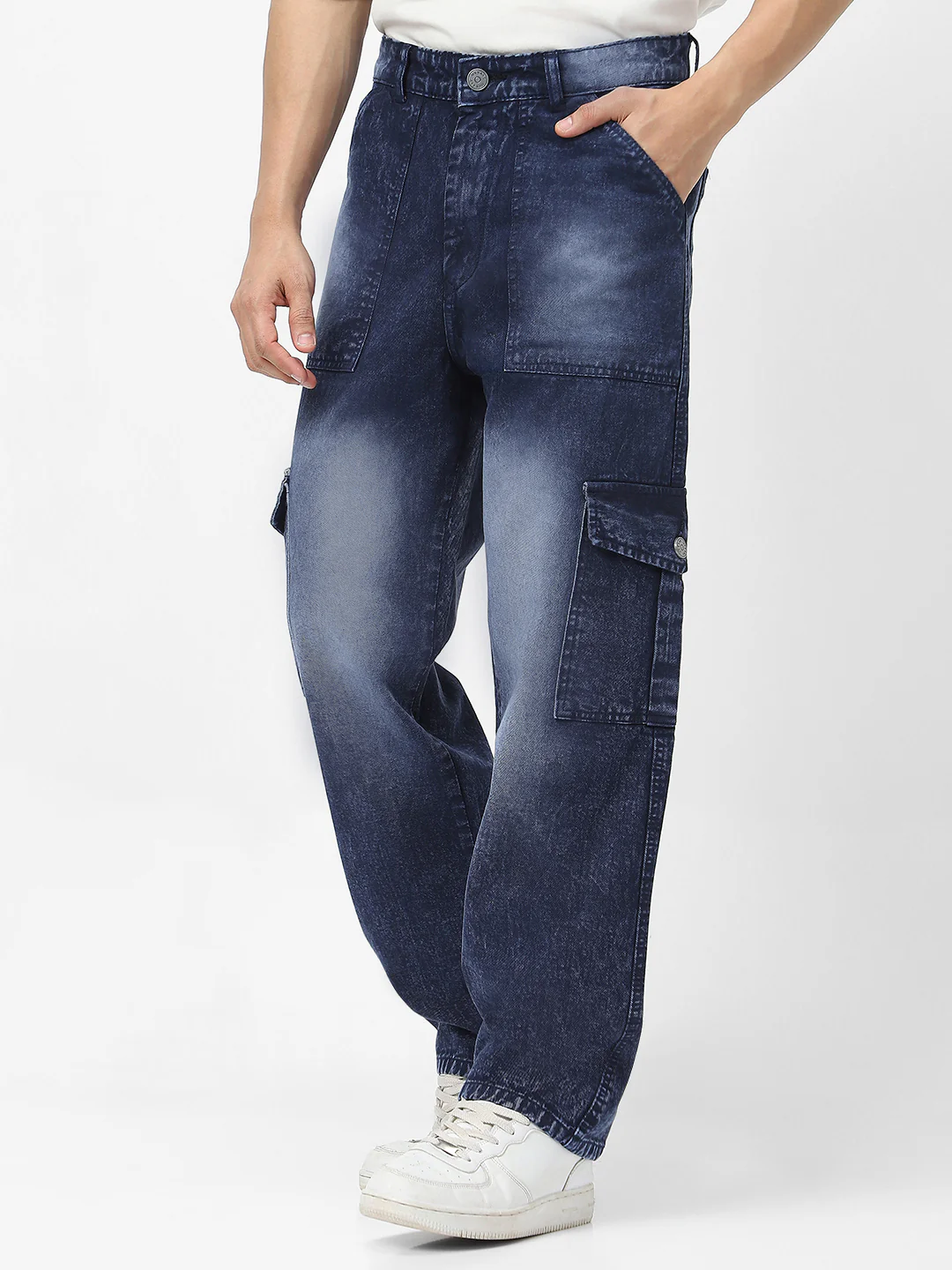 Men's Navy Loose Fit Cargo Jeans With 6 Pockets Non Stretchable - Image 2
