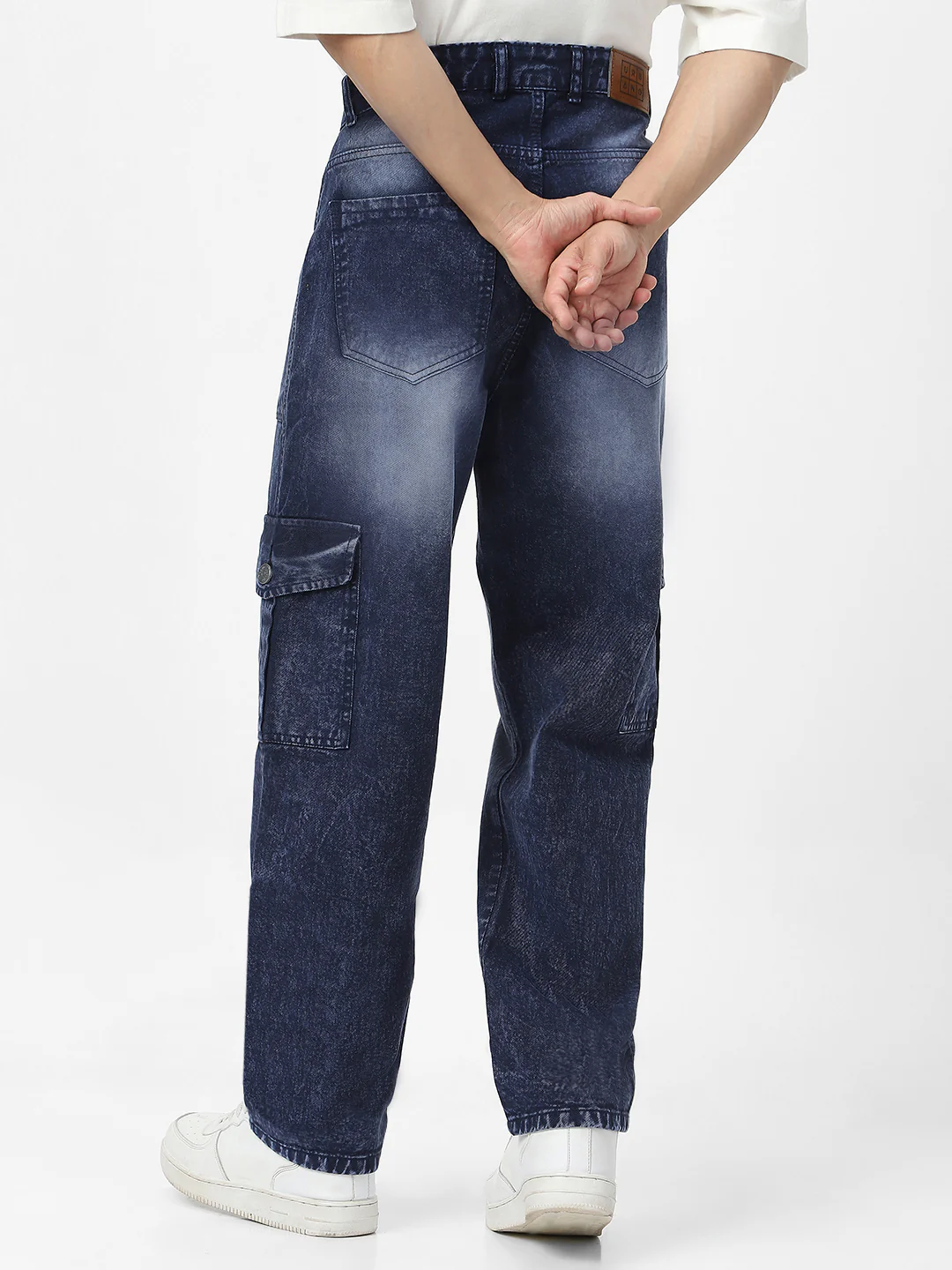 Men's Navy Loose Fit Cargo Jeans With 6 Pockets Non Stretchable - Image 3