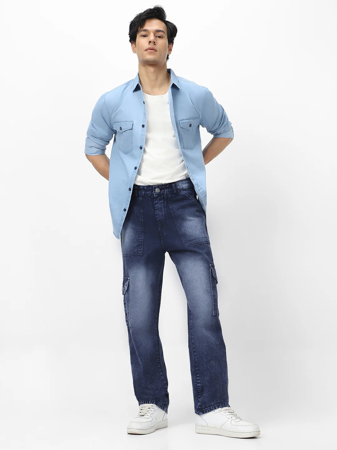 Men's Navy Loose Fit Cargo Jeans With 6 Pockets Non Stretchable - Image 4