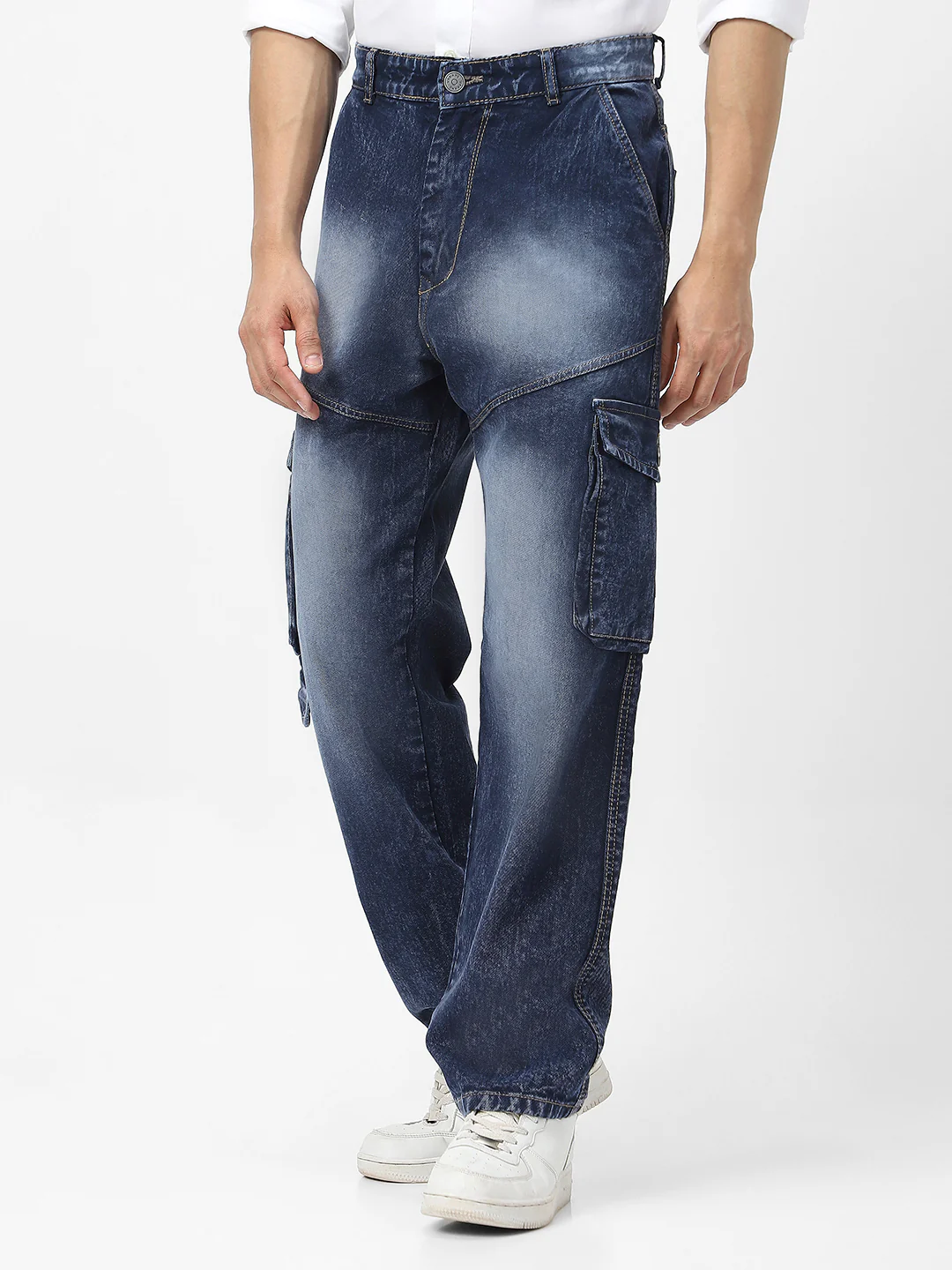 Men's Navy Loose Fit Cargo Jeans With 7 Pockets Non Stretchable - Image 2