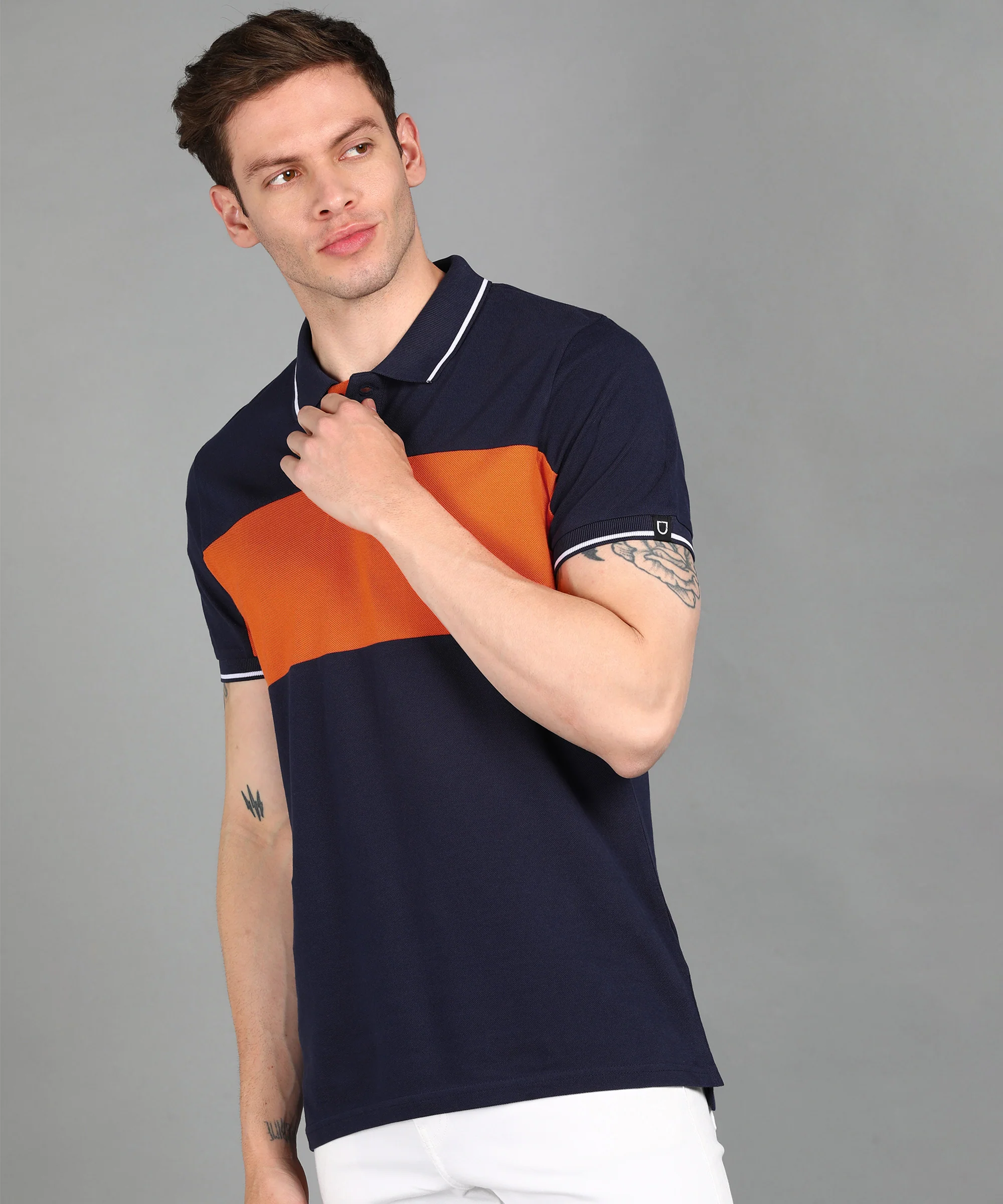 Men's Navy, Orange Colour-Block Slim Fit Half Sleeve Cotton Polo T-Shirt - Image 2