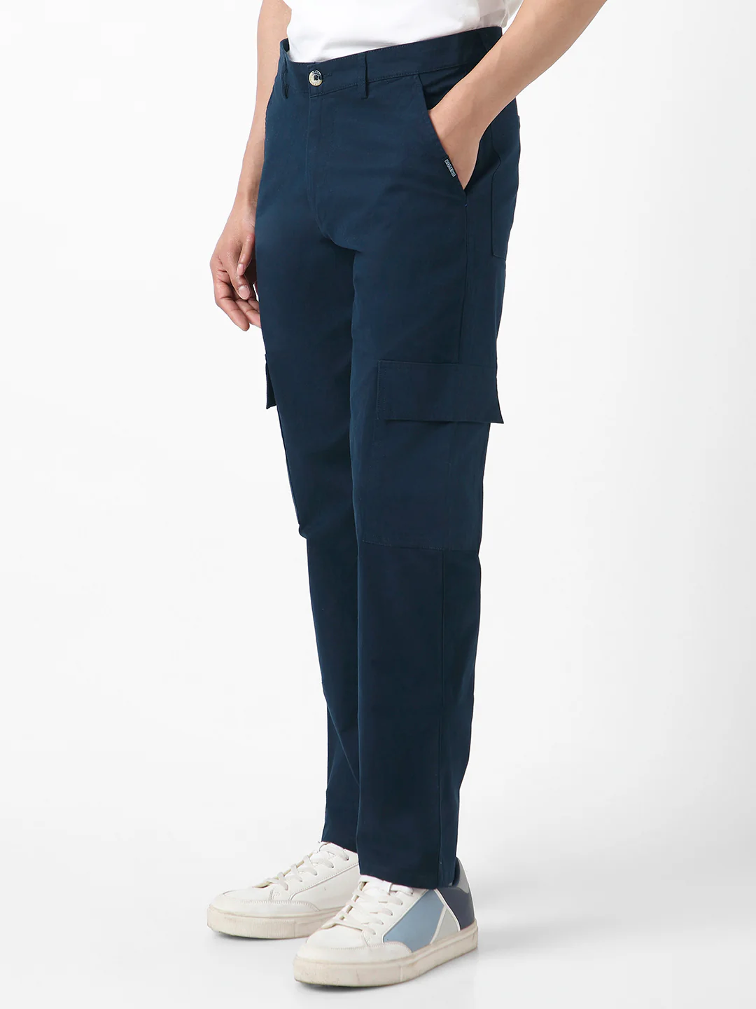 Men's Navy Regular Fit Solid Cargo Chino Pant with 6 Pockets Stretchable - Image 2