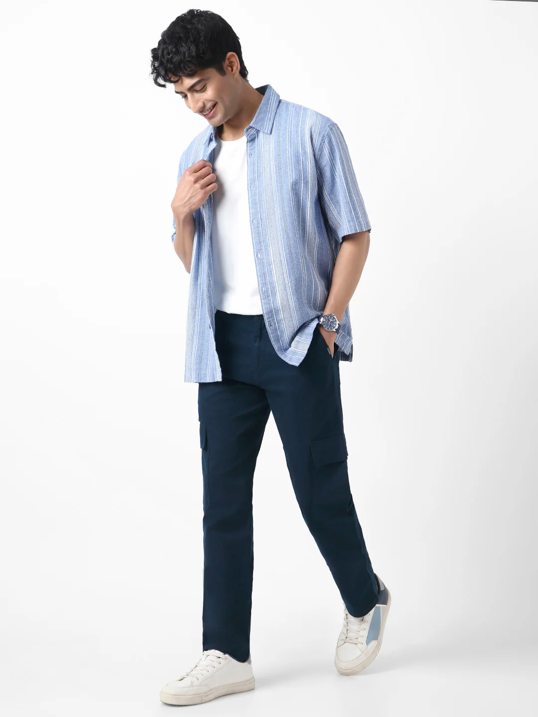Men's Navy Regular Fit Solid Cargo Chino Pant with 6 Pockets Stretchable - Image 4
