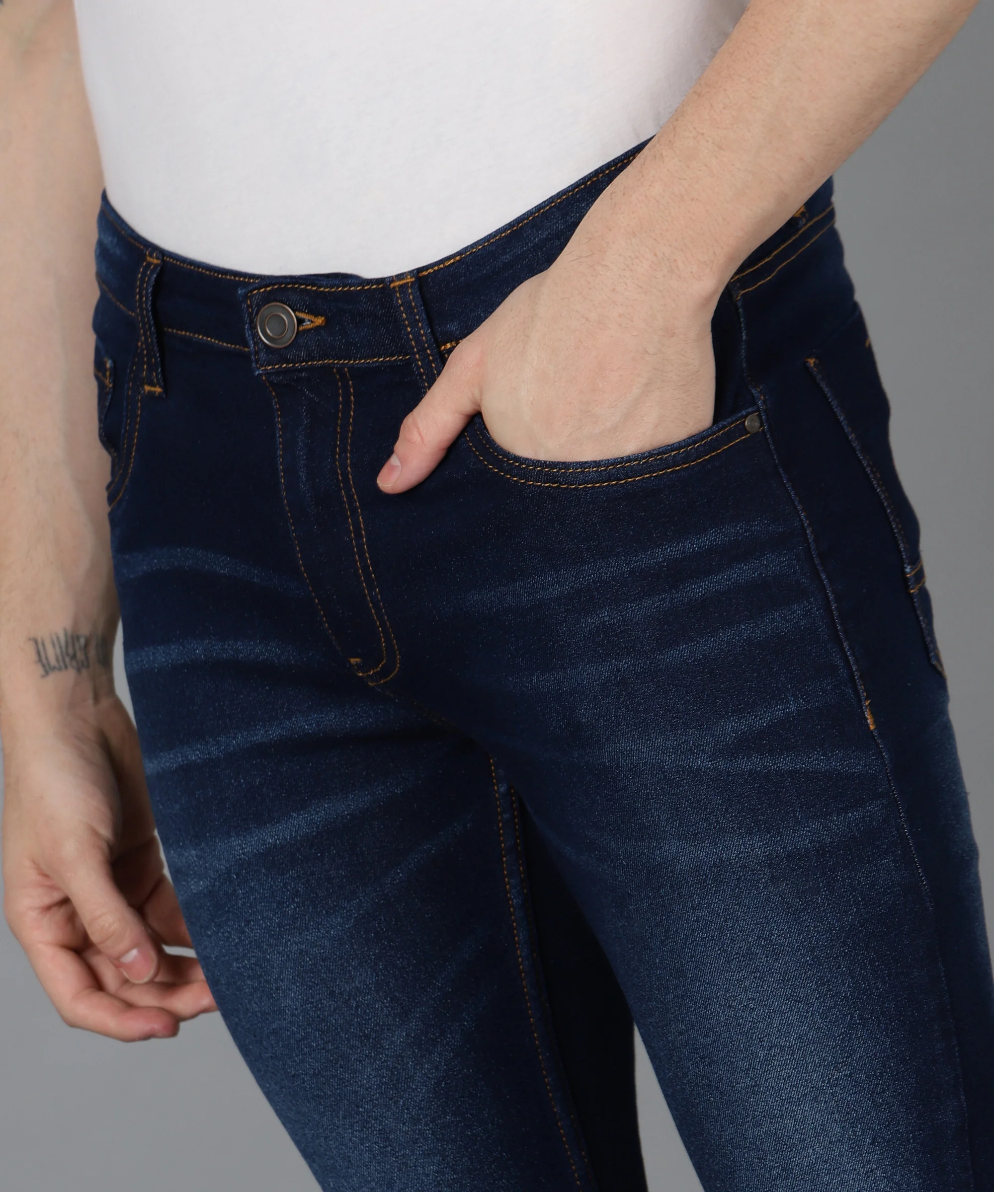 Men's Navy Skinny Fit Washed Jeans Stretchable - Image 5