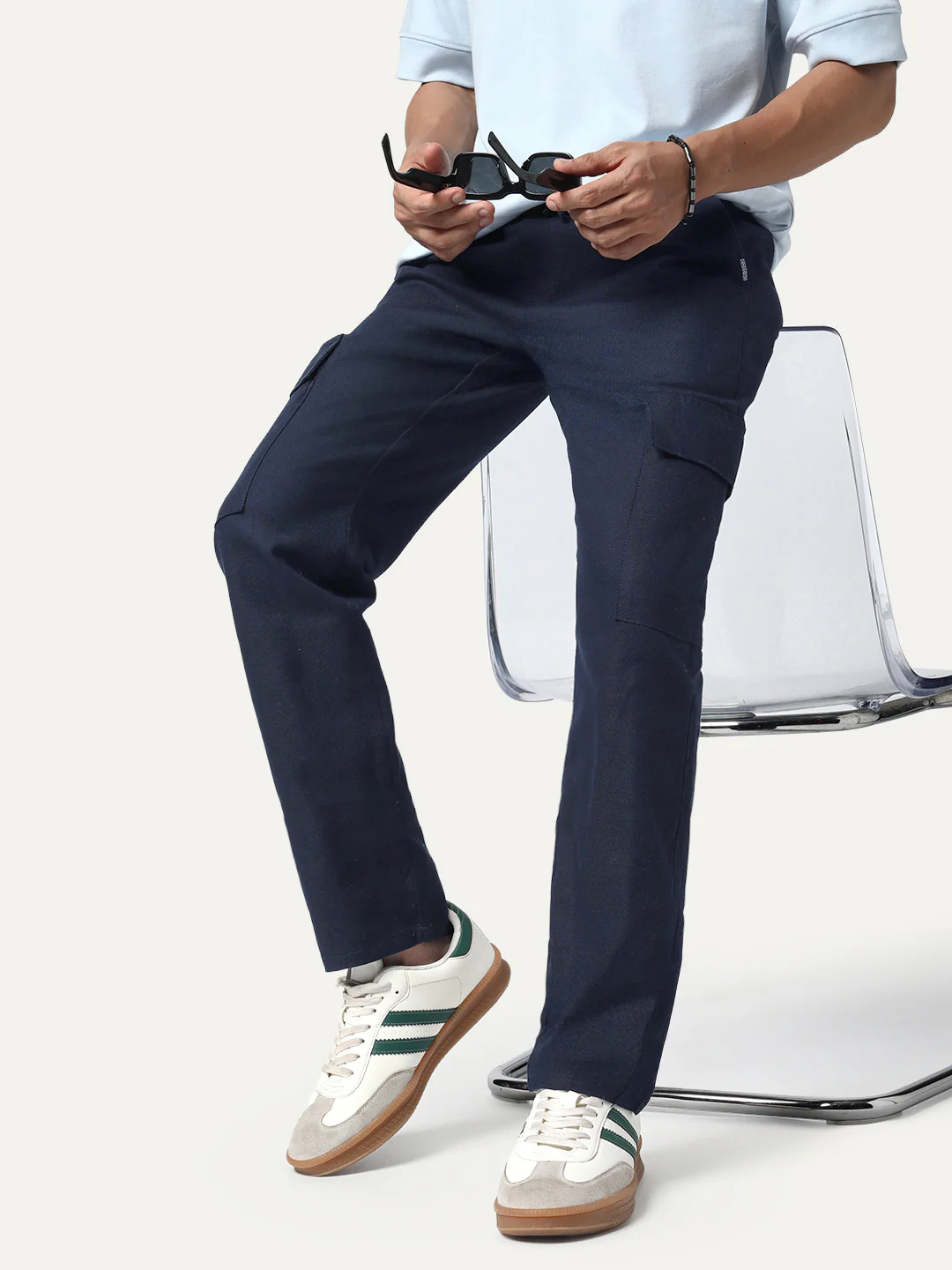 Men's Navy Straight Fit Linen Cargo Pants with 6 Pockets - Image 2