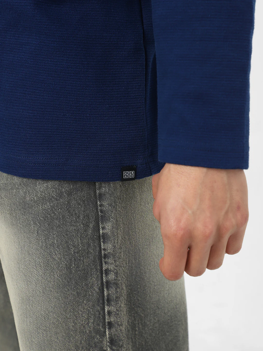 Men's Navy Textured Round Neck Oversized Full Sleeve Cotton T-Shirt - Image 8