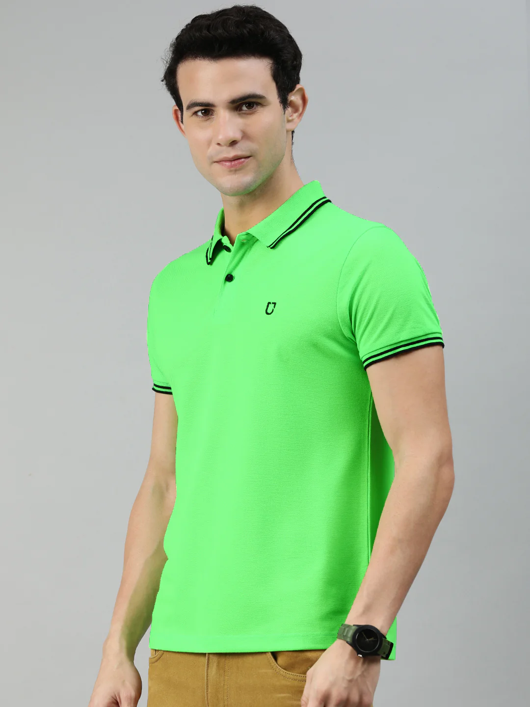 Men's Neon Green Solid Slim Fit Half Sleeve Cotton Polo T-Shirt - Image 2