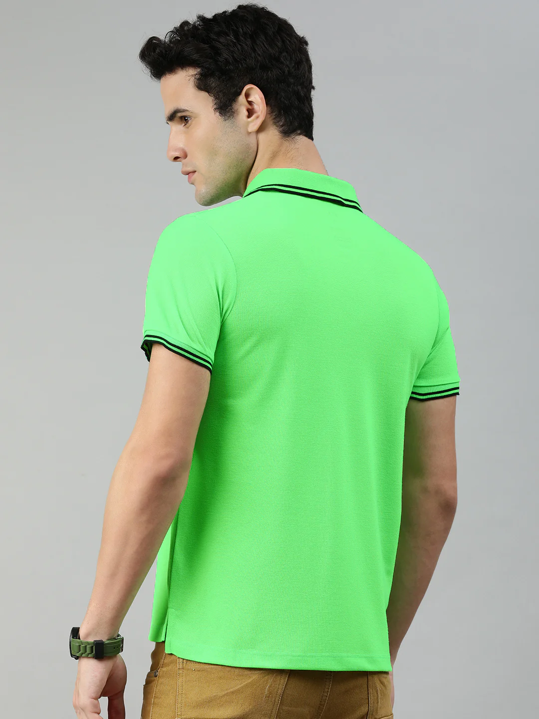 Men's Neon Green Solid Slim Fit Half Sleeve Cotton Polo T-Shirt - Image 3