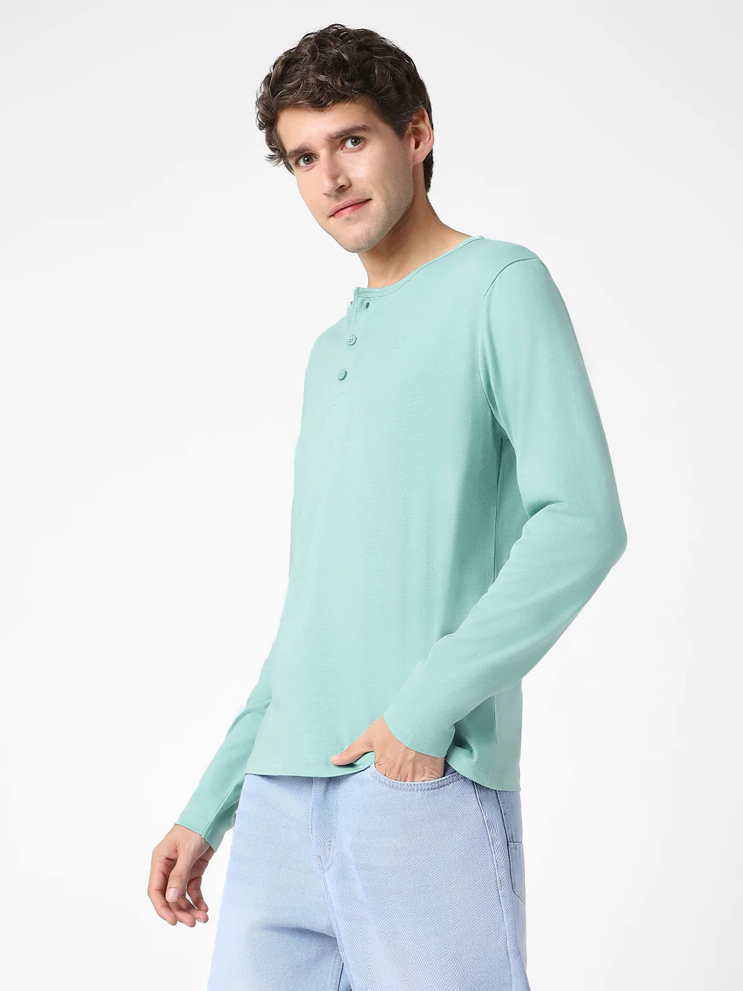 Men's Nile Blue Solid Henley Neck Slim Fit Full Sleeve Cotton T-Shirt - Image 2