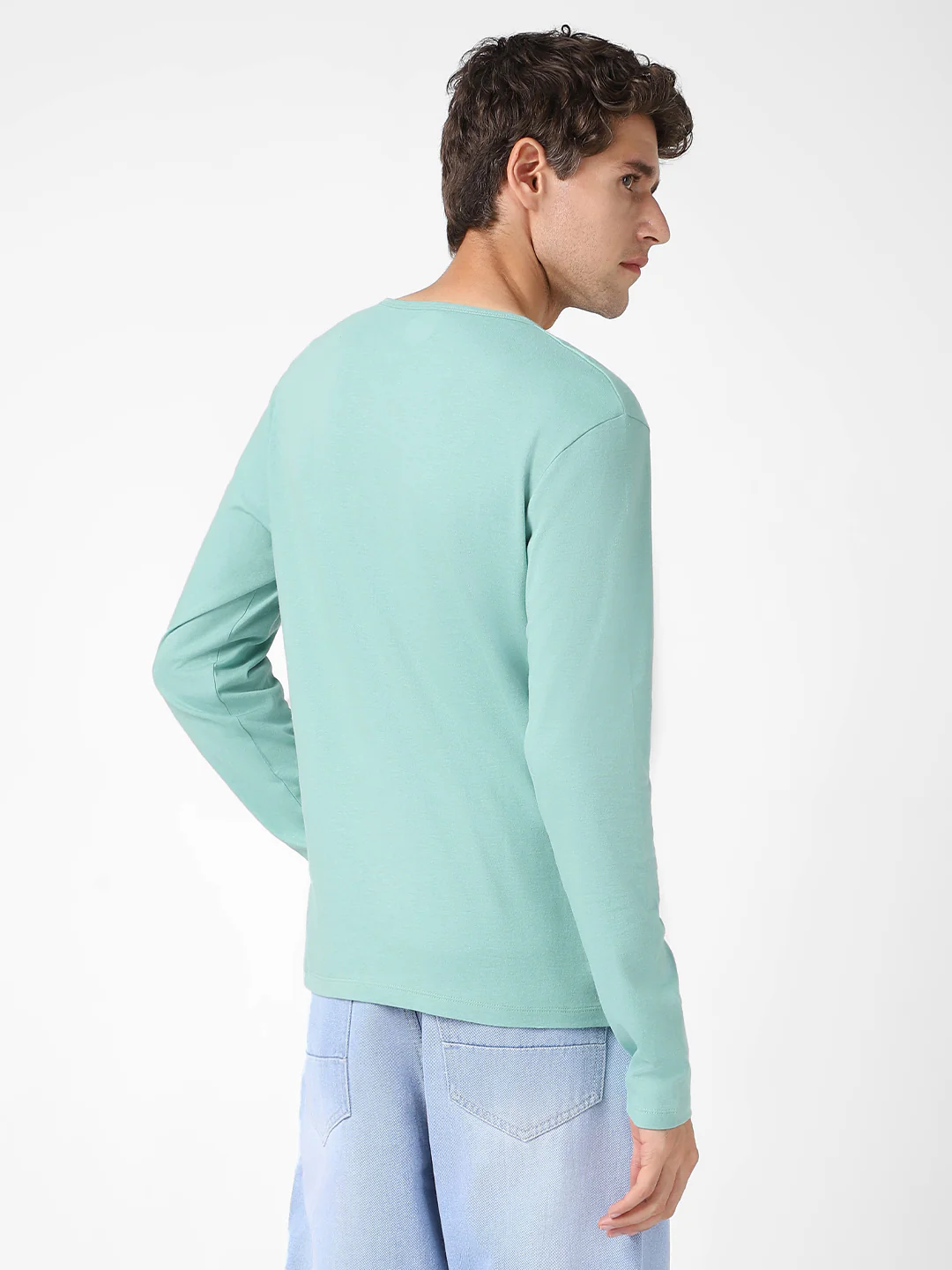 Men's Nile Blue Solid Henley Neck Slim Fit Full Sleeve Cotton T-Shirt - Image 3