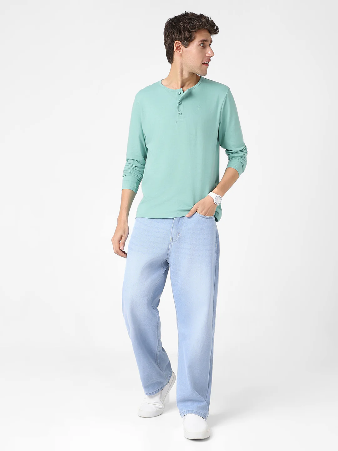 Men's Nile Blue Solid Henley Neck Slim Fit Full Sleeve Cotton T-Shirt - Image 4