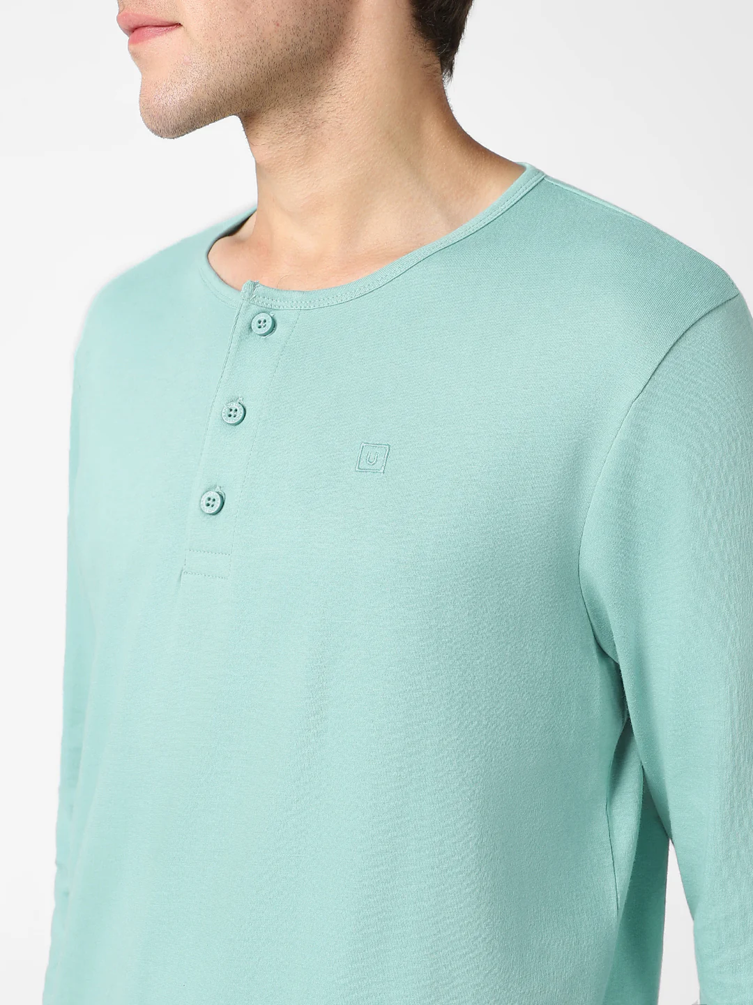 Men's Nile Blue Solid Henley Neck Slim Fit Full Sleeve Cotton T-Shirt - Image 5