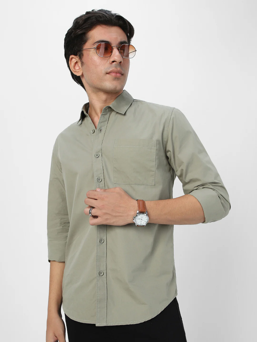 Men's Olive Cotton Full Sleeve Regular Fit Casual Solid Shirt - Image 2