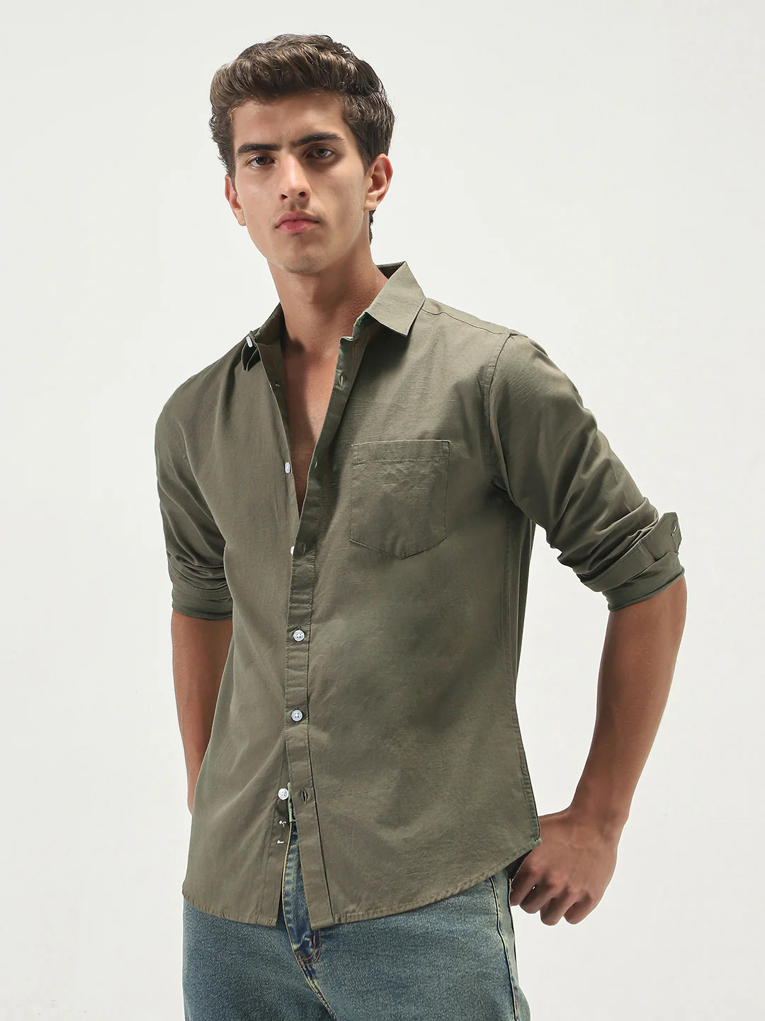 Men's Olive Cotton Full Sleeve Regular Fit Casual Solid Slub Shirt with Spread Collar - Image 2