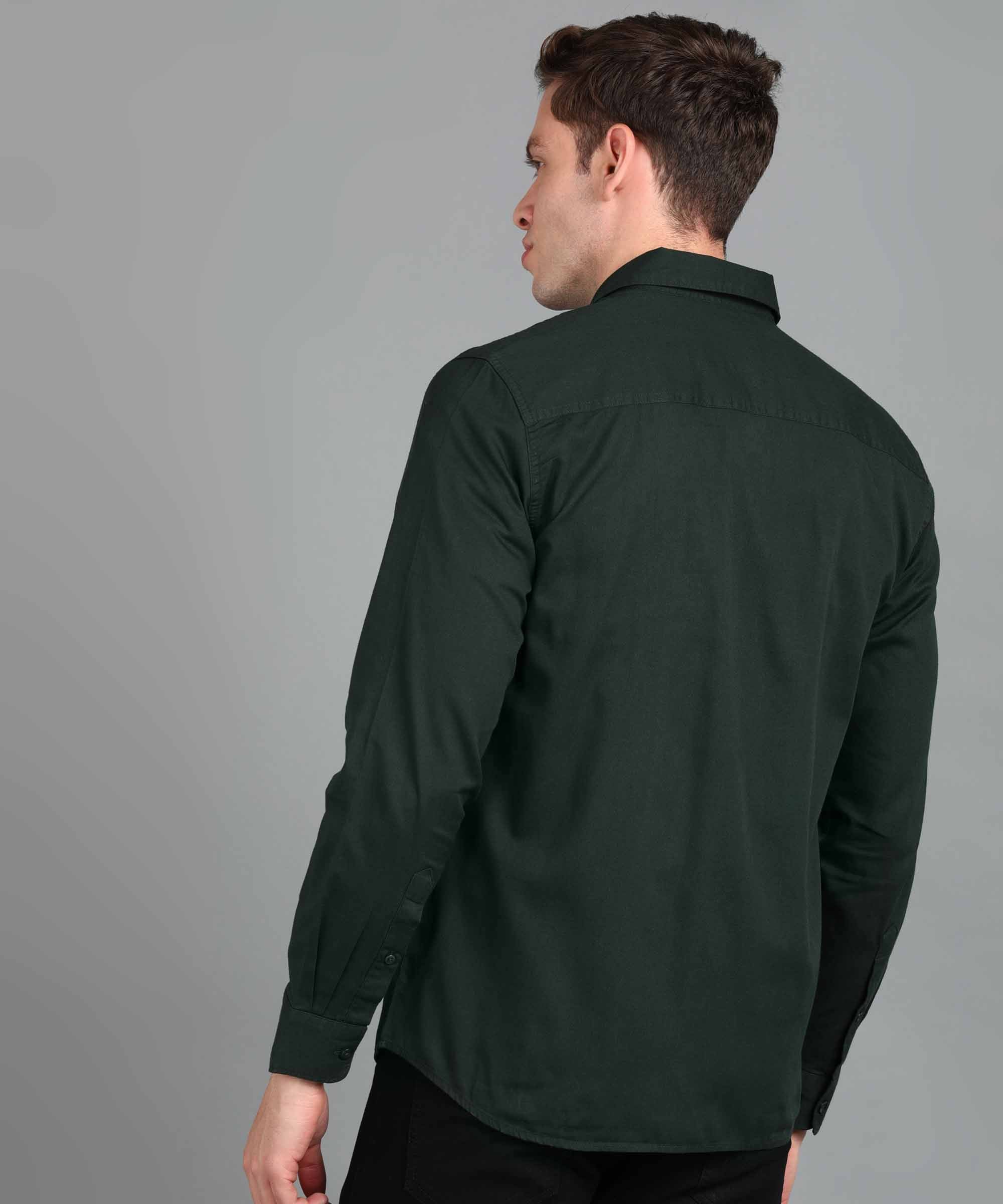 Men's Olive Cotton Full Sleeve Slim Fit Casual Solid Shirt - Image 3