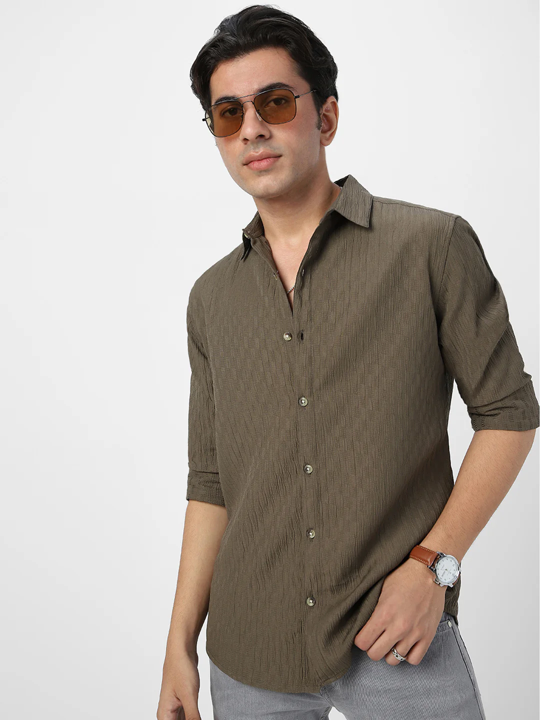 Men's Olive Green Cotton Full Sleeve Regular Fit Textured Shirt with Spread Collar - Image 2