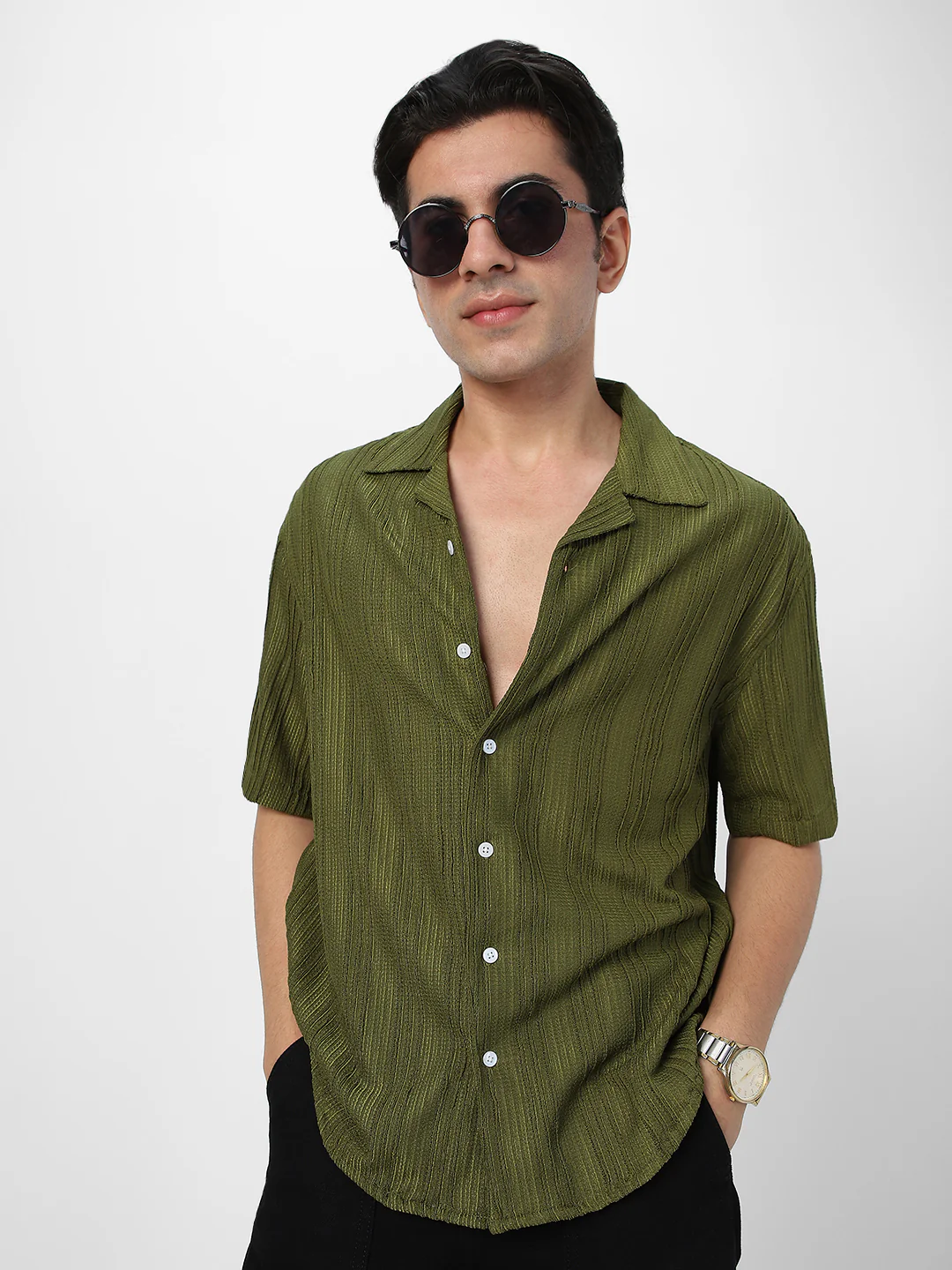 Men's Olive Green Cotton Half Sleeve Oversized Fit Textured Shirt with Cuban Collar - Image 2