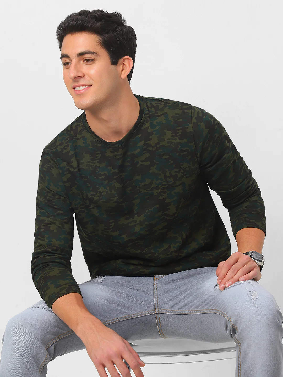 Men's Olive Green, Khaki Military Camouflage Printed Slim Fit Full Sleeve Cotton T-Shirt - Image 2