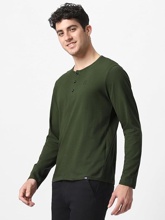 Men's Olive Green Solid Henley Neck Slim Fit Cotton T-Shirt - Image 2
