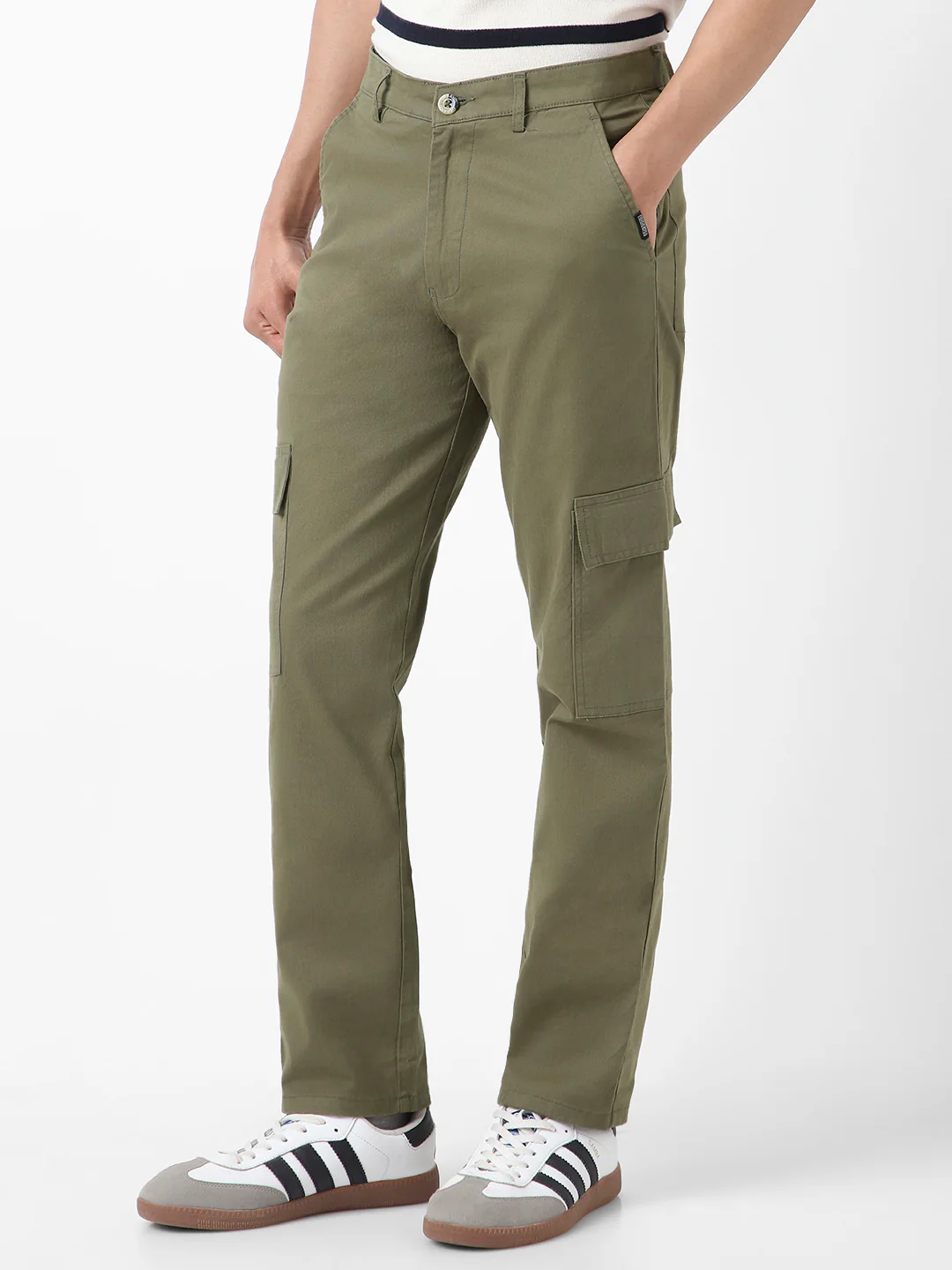 Men's Olive Regular Fit Solid Cargo Chino Pant with 6 Pockets Stretchable - Image 2