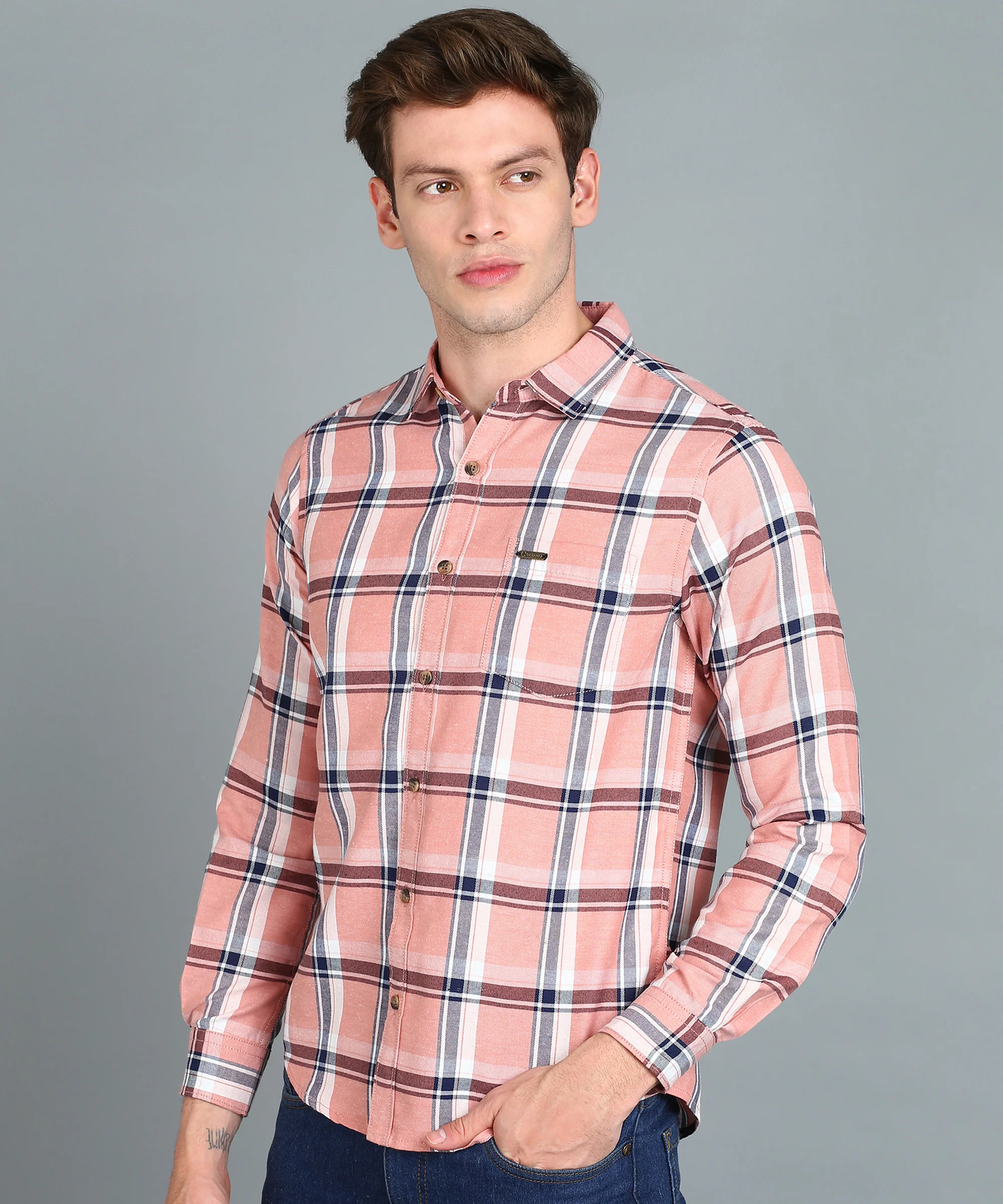 Men's Pink Cotton Full Sleeve Slim Fit Casual Checkered Shirt - Image 2