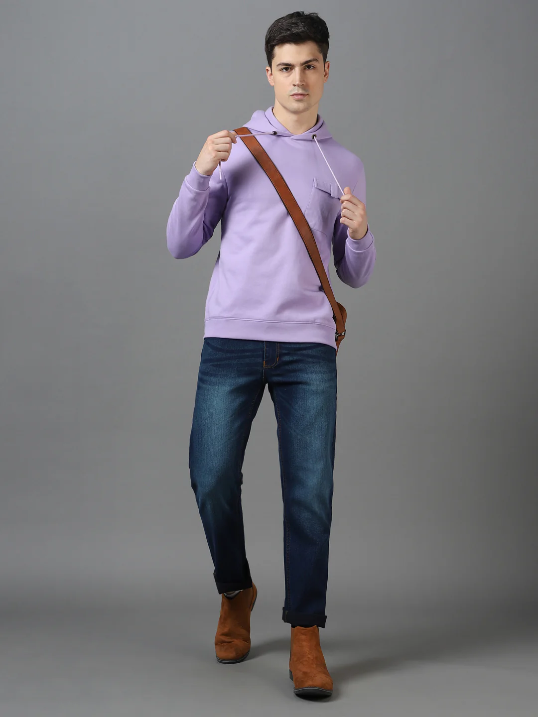 Men's Purple Cotton Solid Hooded Neck Sweatshirt - Image 4