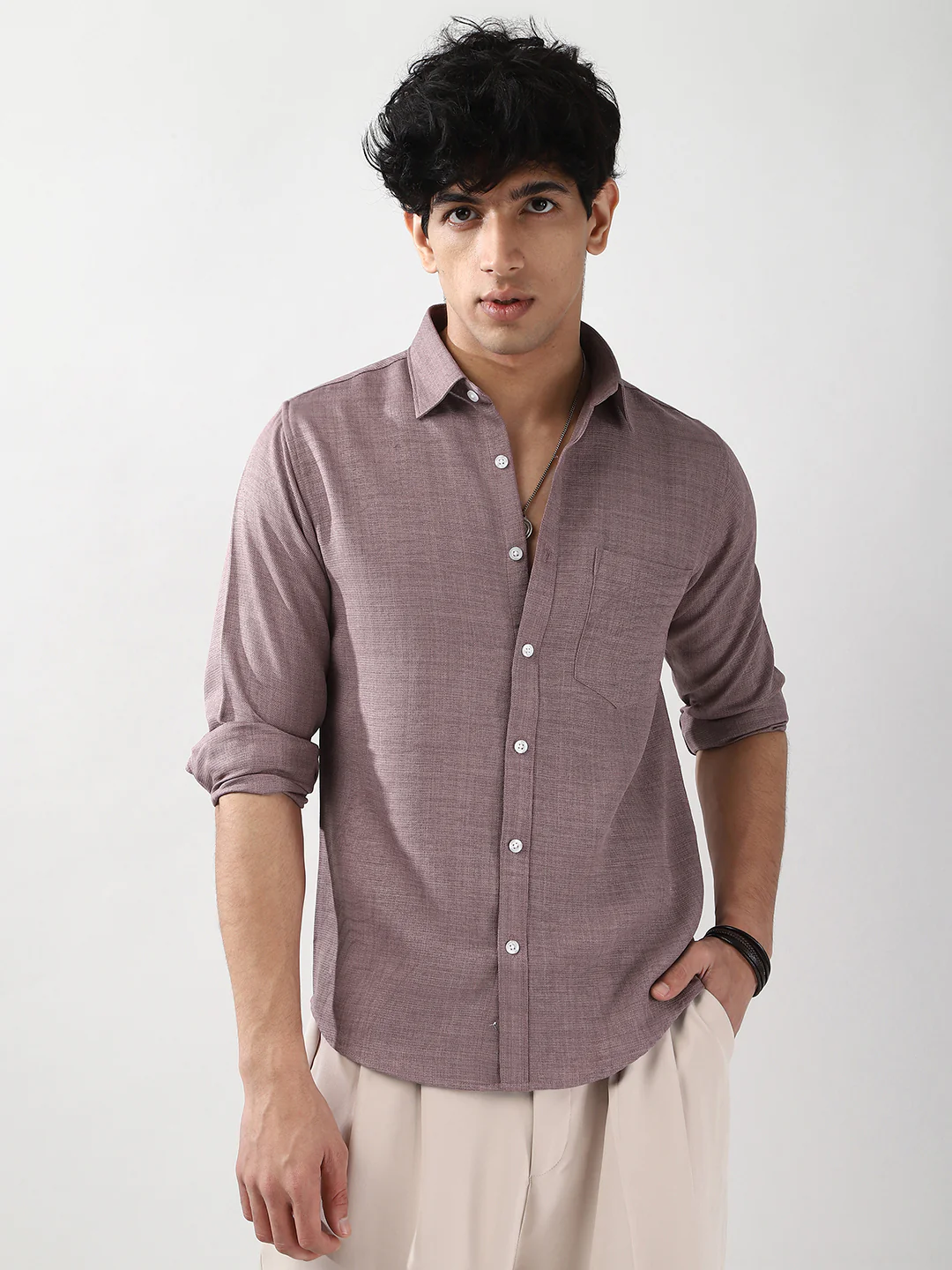 Men's Purple Linen Blend Full Sleeve Relaxed Fit Casual Solid Shirt - Image 2